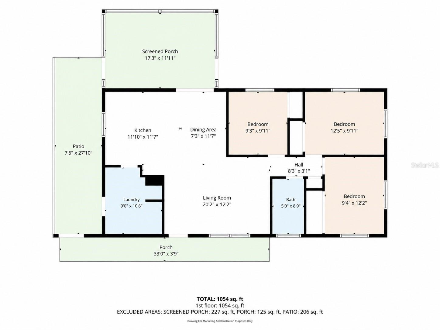Measurements approximate; 1,054 SF includes laundry area. Buyer to verify square footage and heated living area.