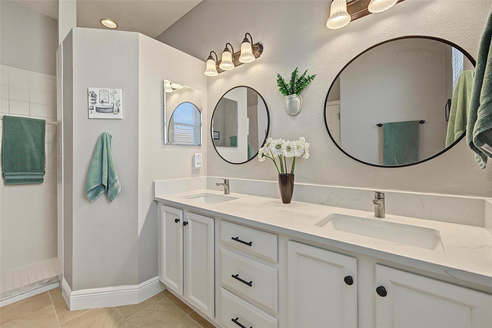 The double vanity provides additional storage options