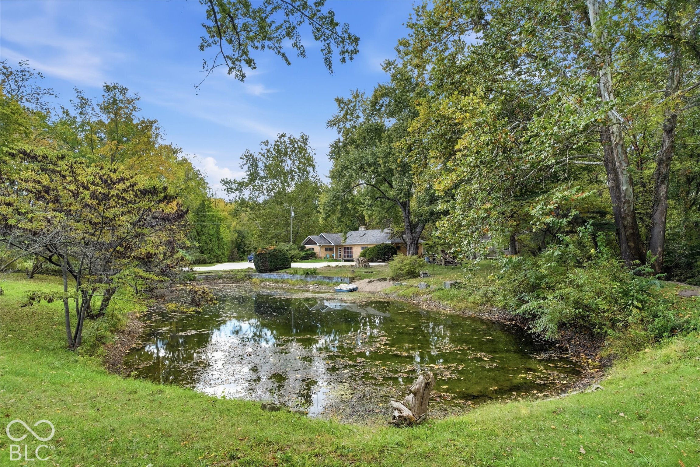 Expansive natural pond with surrounding grassy banks