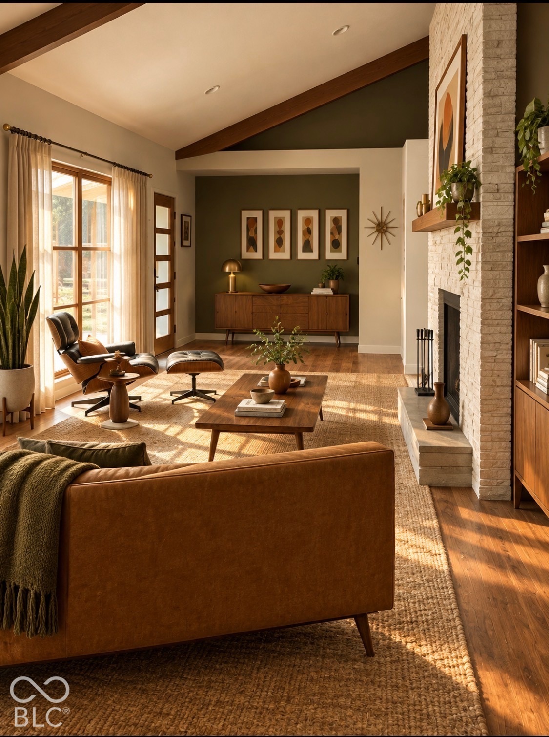 Virtually Altered - Vaulted ceiling with exposed wood beams, wood-frame window, stone fireplace with hearth, built-in shelving, and wood-finish flooring
