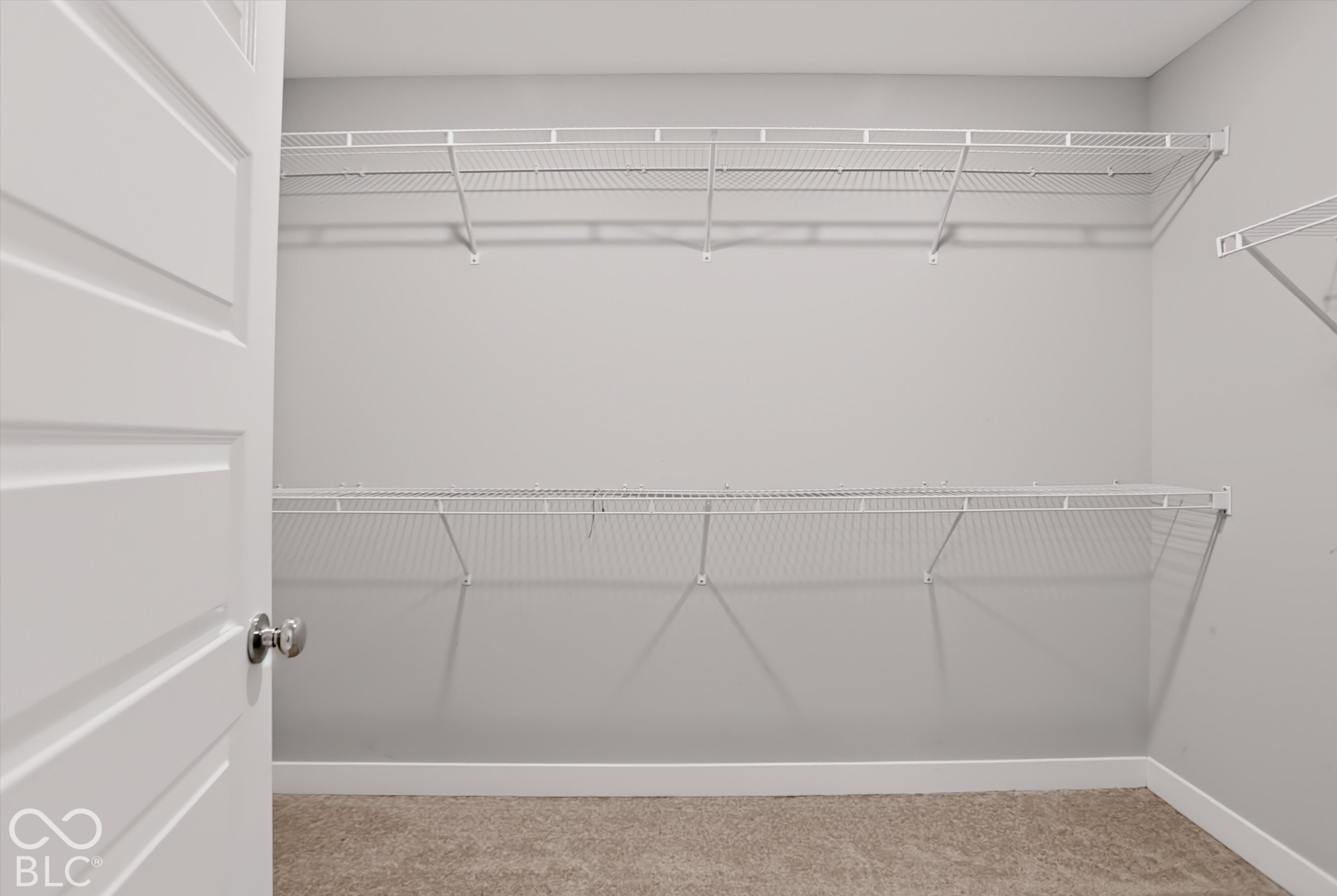 Storage area featuring white wire shelving and neutral carpeting