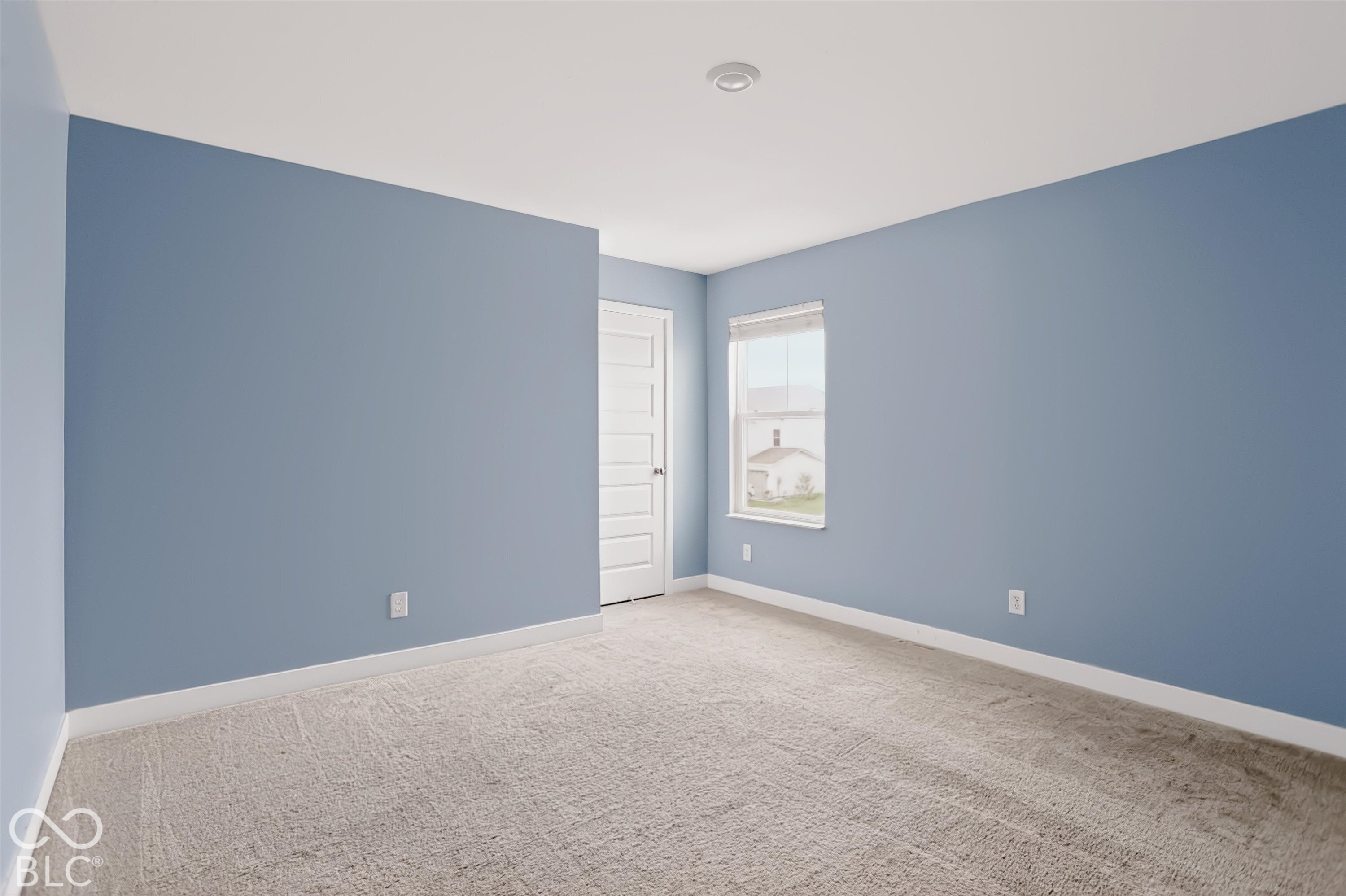 Neutral-toned wall-to-wall carpeting, four-panel interior door, single-hung window with a neutral roller shade, and a flush-mount ceiling light