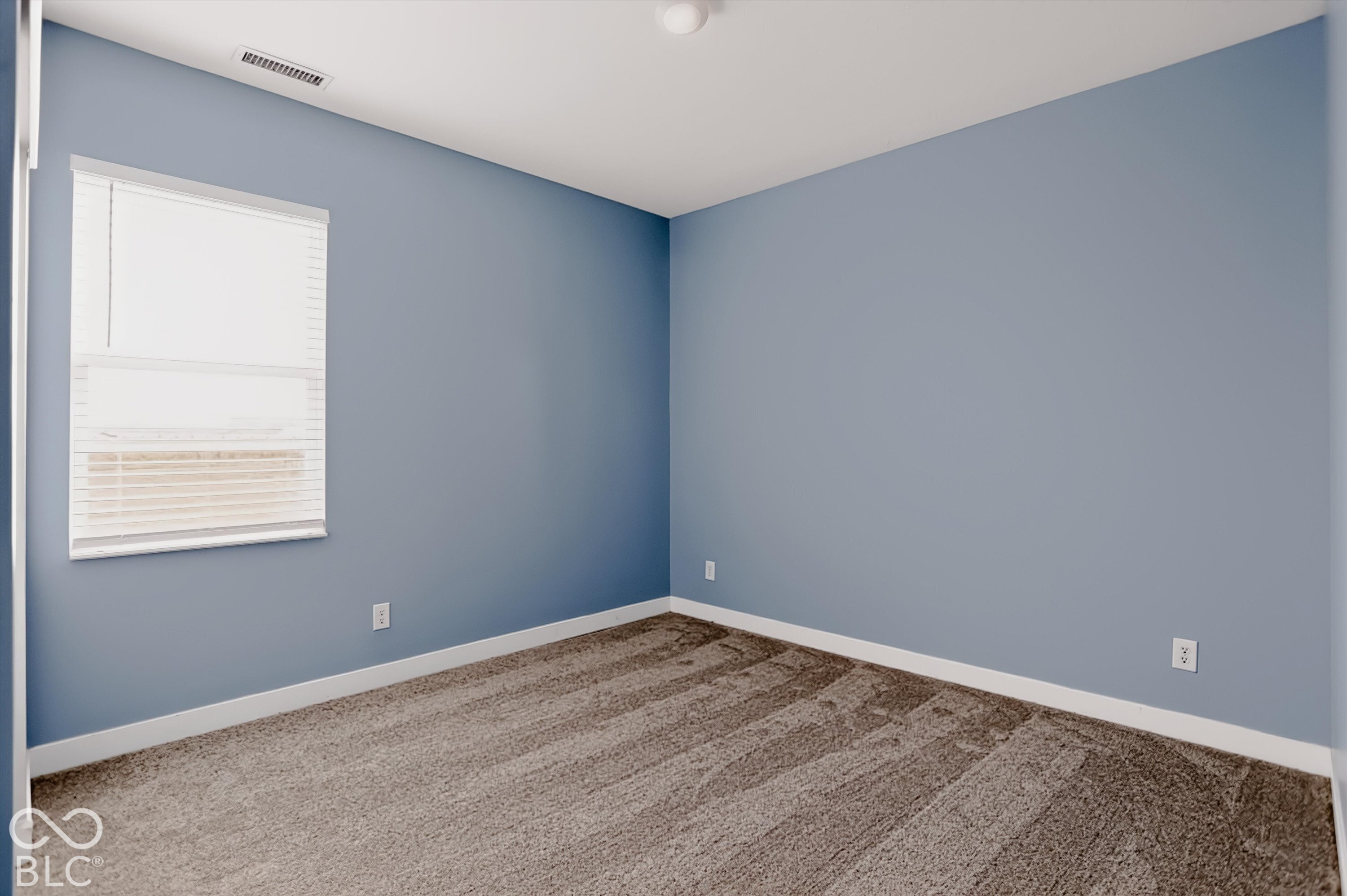 Room featuring wall-to-wall carpeting, dual-tone wall paint, and a single-pane window with installed blinds