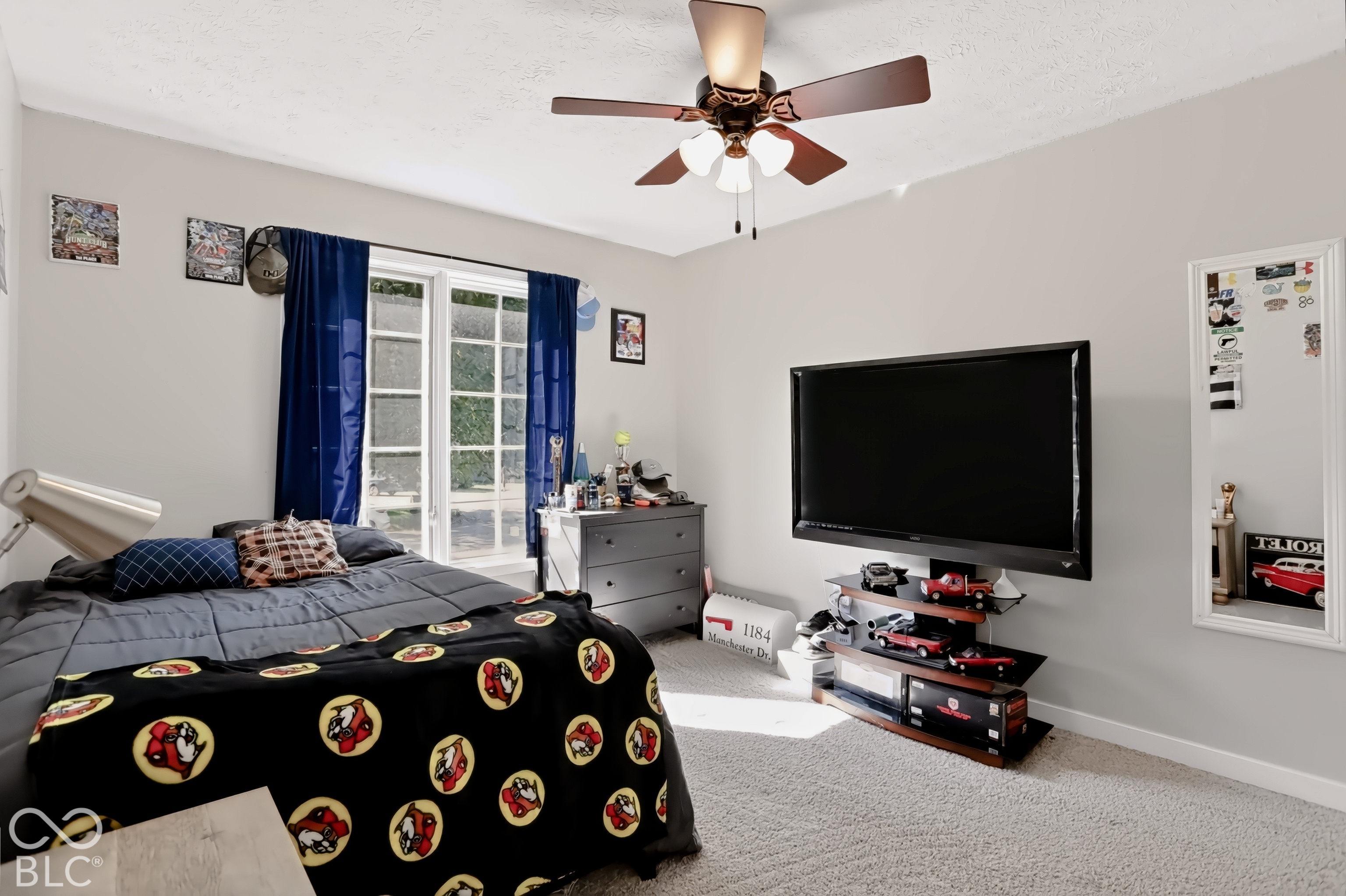 Carpeted flooring with light-toned walls