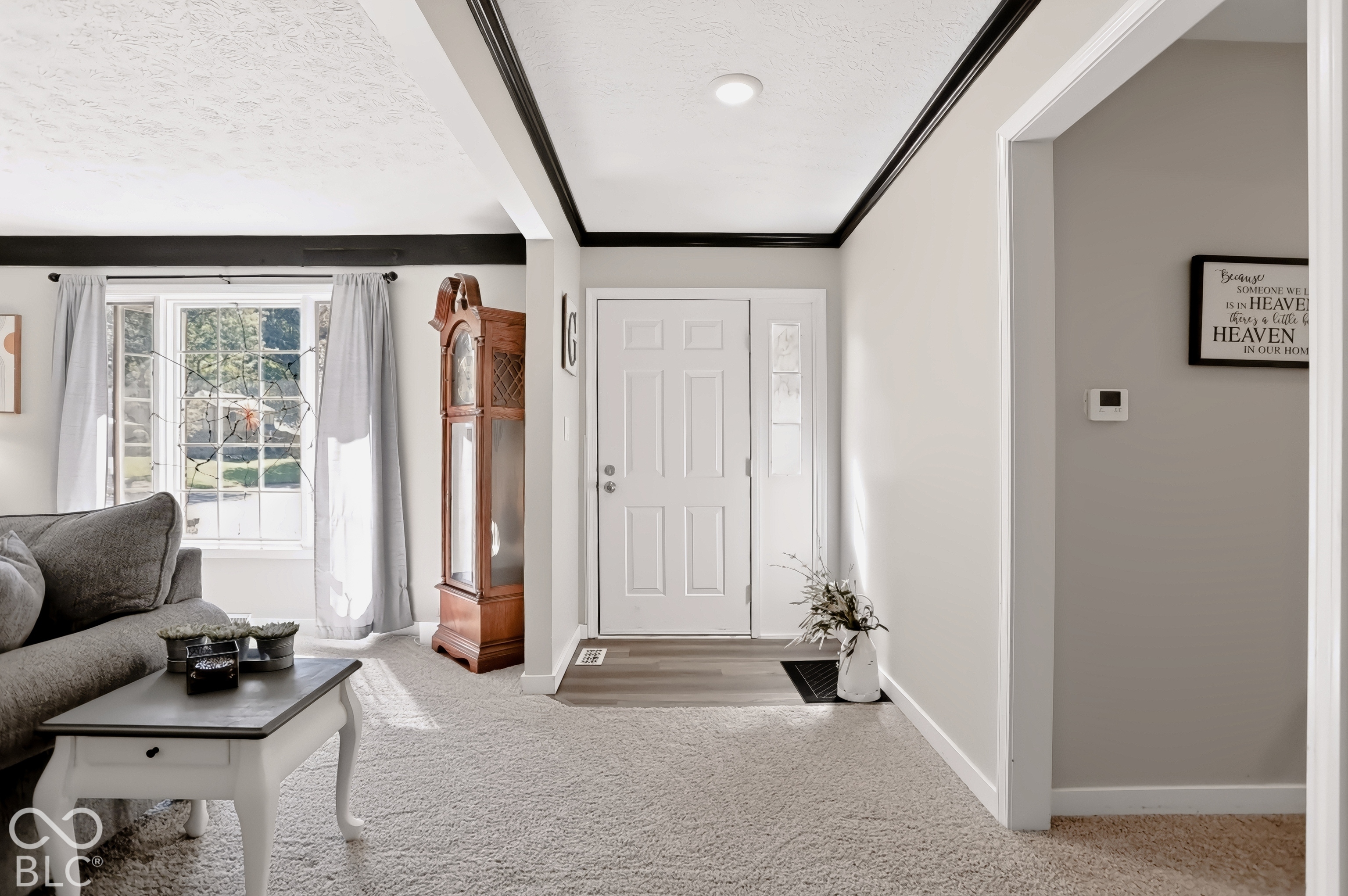 Entryway with a paneled door, sidelights, and overhead transom window