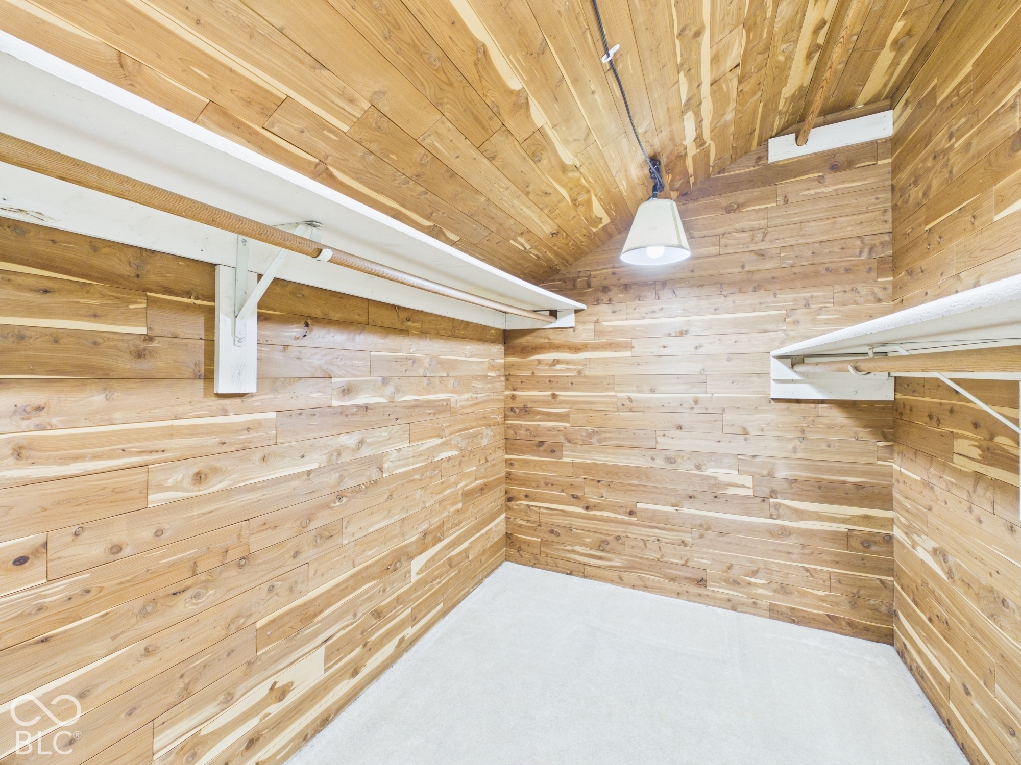 Wood-paneled interior walls and ceiling, wall-mounted shelving with hanging rods, and an overhead light fixture