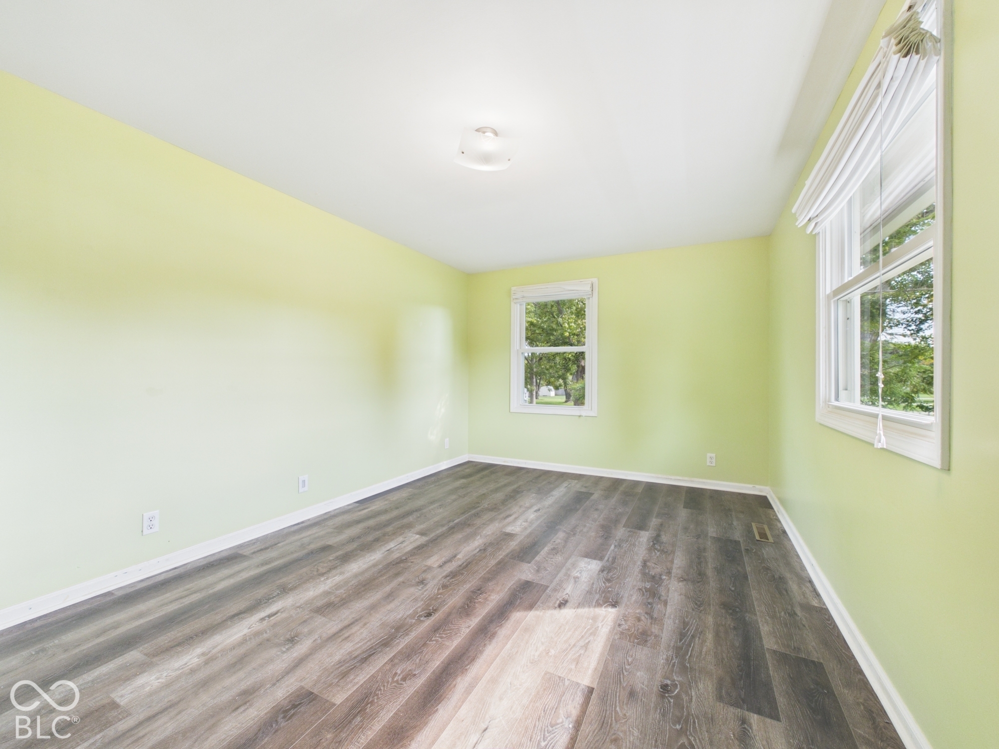 Wood-finish flooring with light green walls