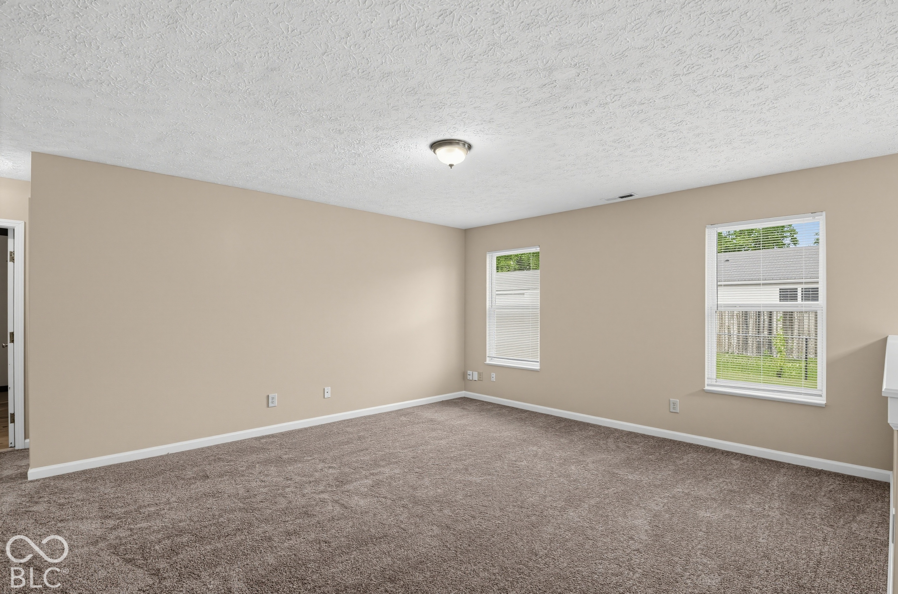 Interior space featuring neutral-toned walls, wall-to-wall carpeting, two double-hung windows, and a central ceiling-mounted light fixture