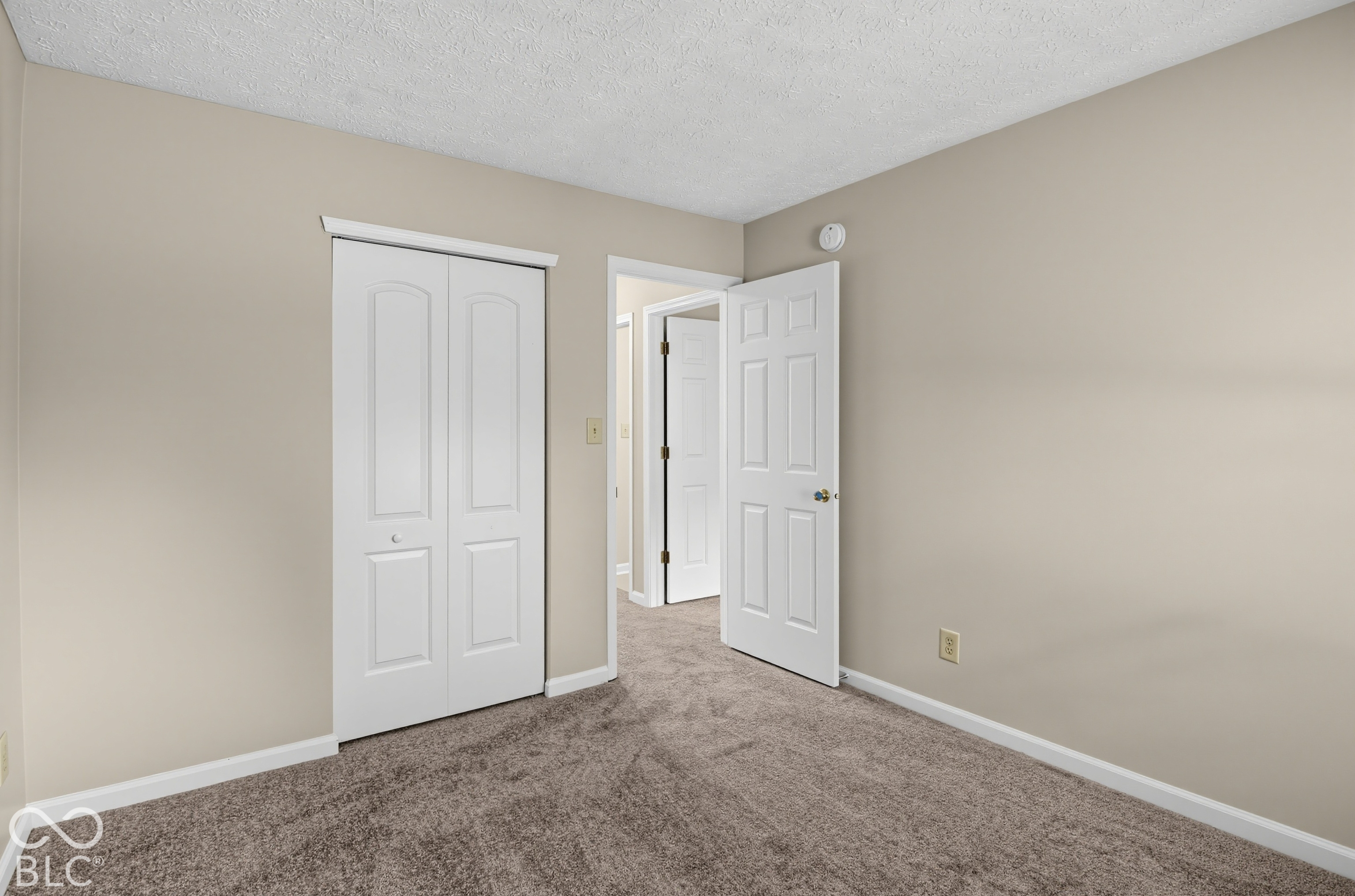 Neutral-toned interior featuring wall-to-wall carpeting, white six-panel interior doors, and a double-door closet