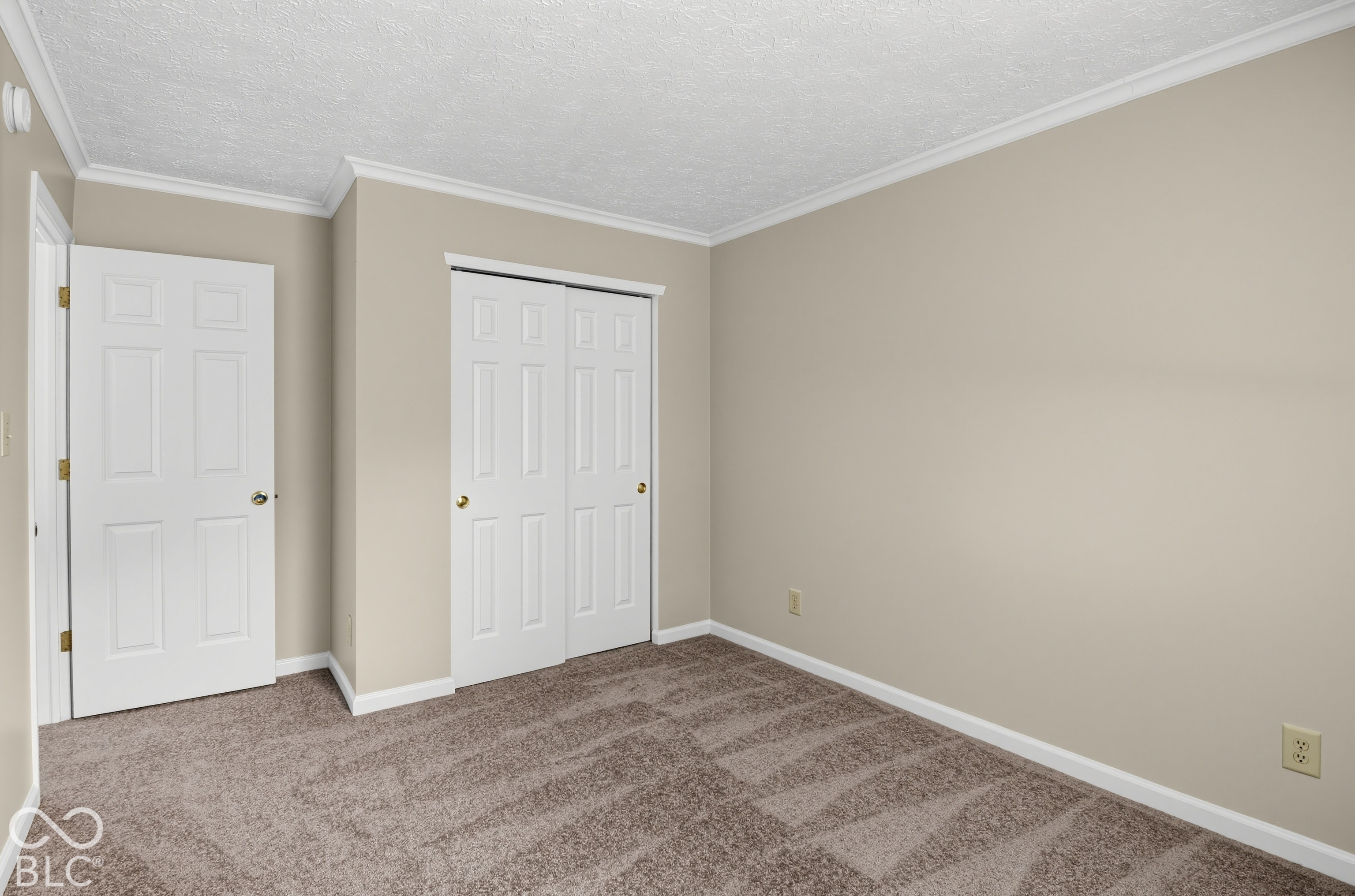 Neutral-toned interior space featuring textured carpeting, crown molding, and a double-panel closet door