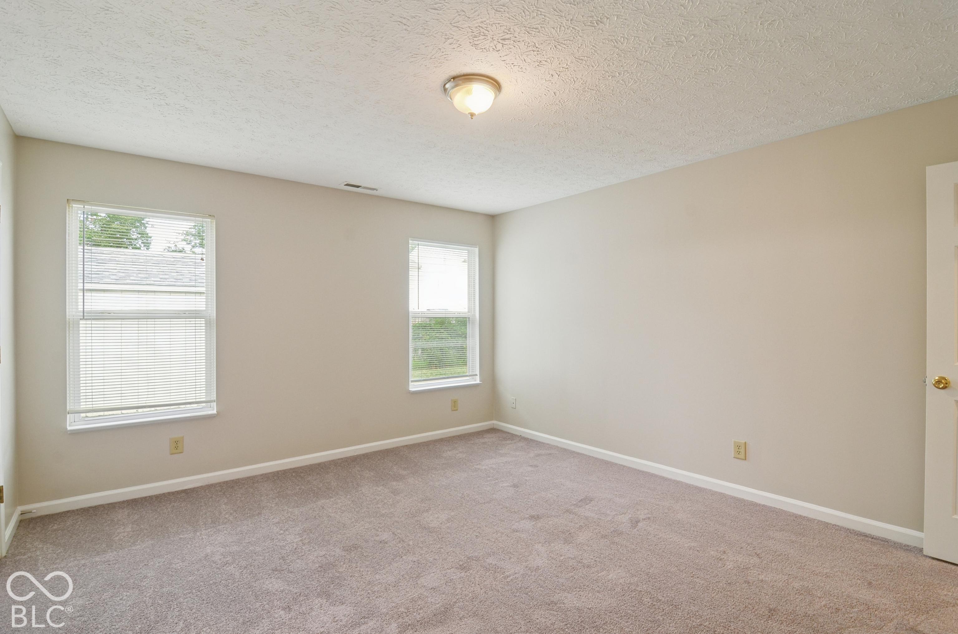 Room interior featuring neutral wall paint, wall-to-wall carpeting, two double-hung windows, and a flush-mount ceiling light fixture