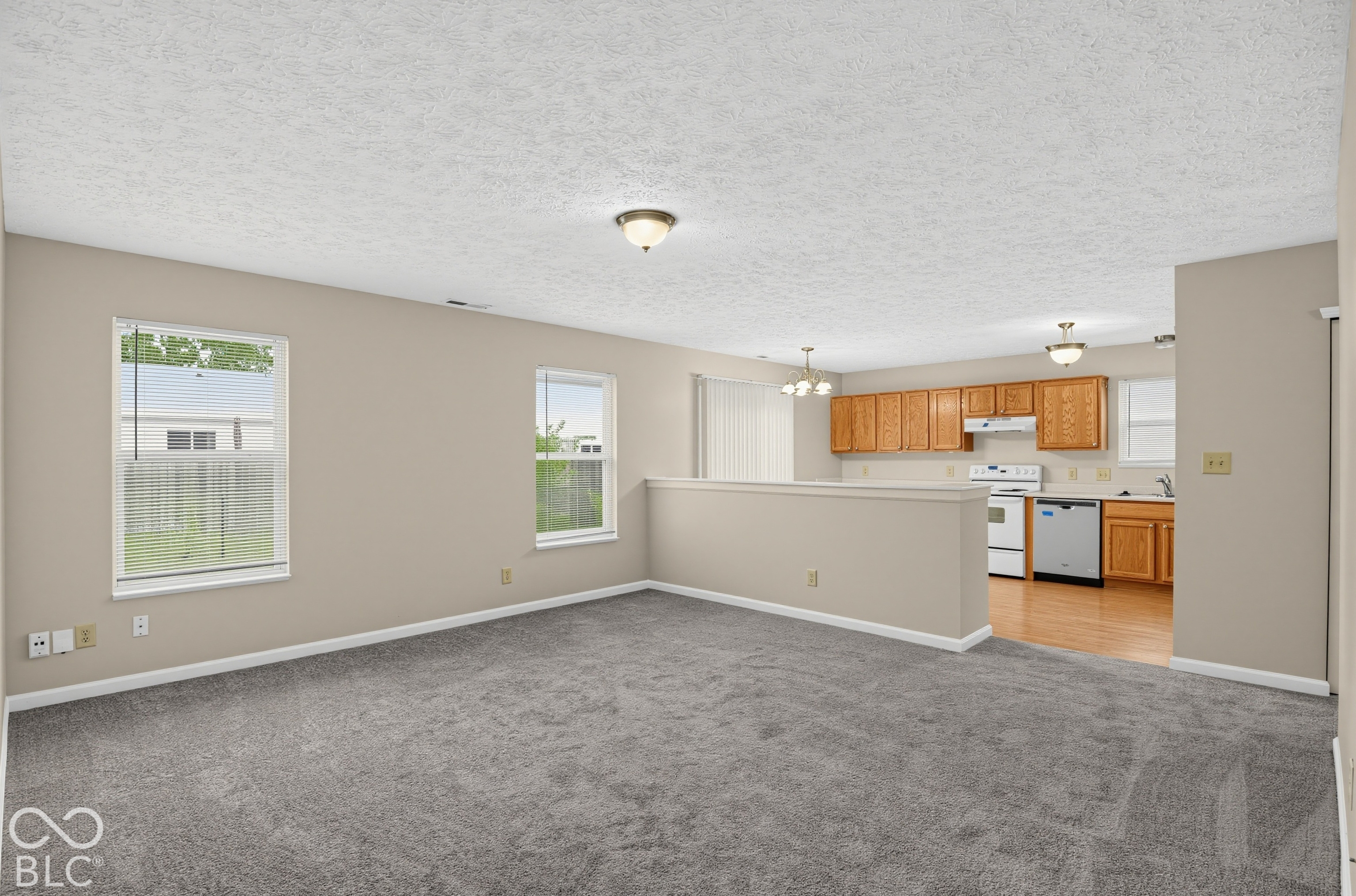 Open-concept floor plan featuring wall-to-wall carpeting, wood-finish cabinetry, a peninsula counter, and flush-mount lighting fixtures