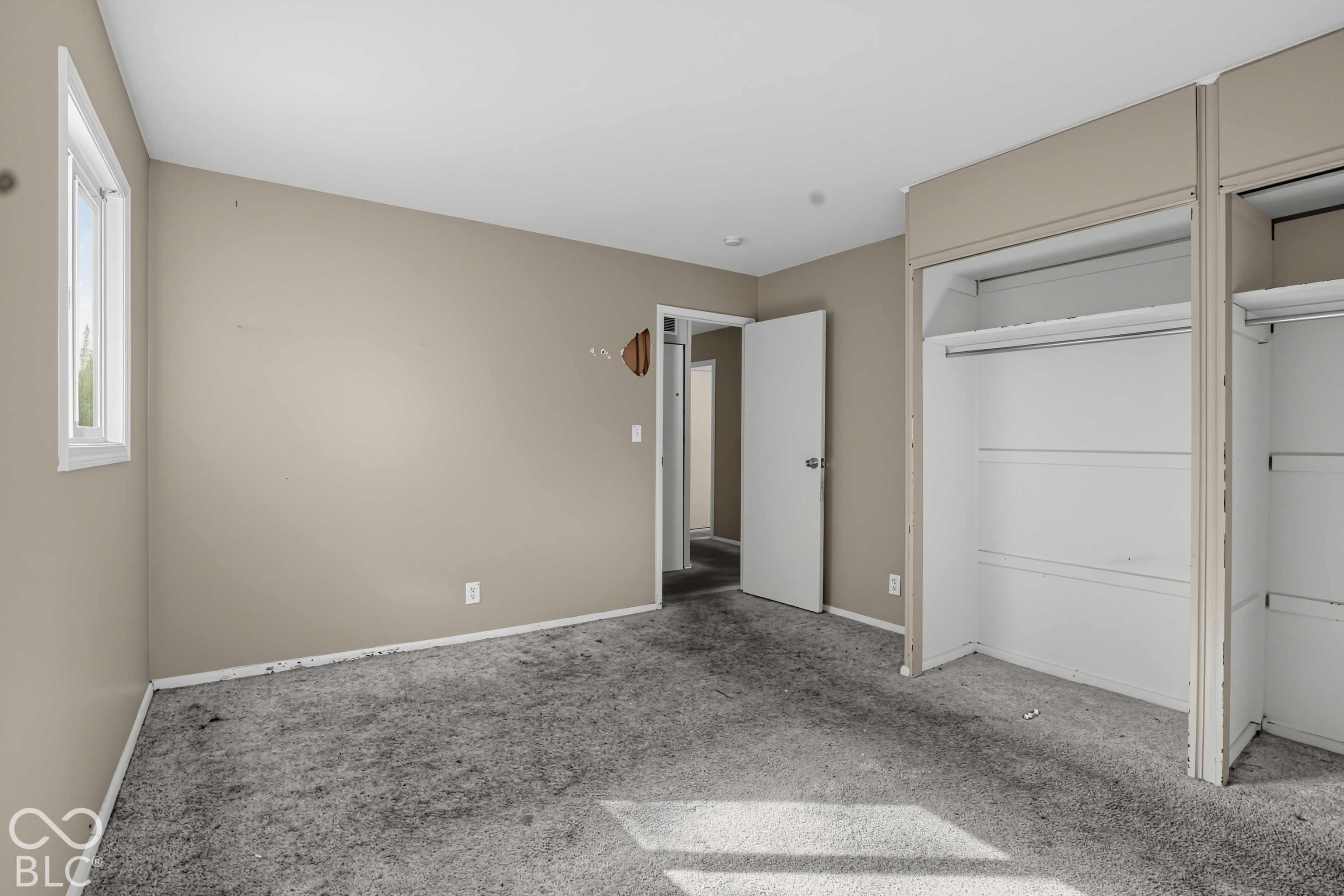 Spacious bedroom with neutral wall finishes, plush carpeting, and abundant natural light from a side window