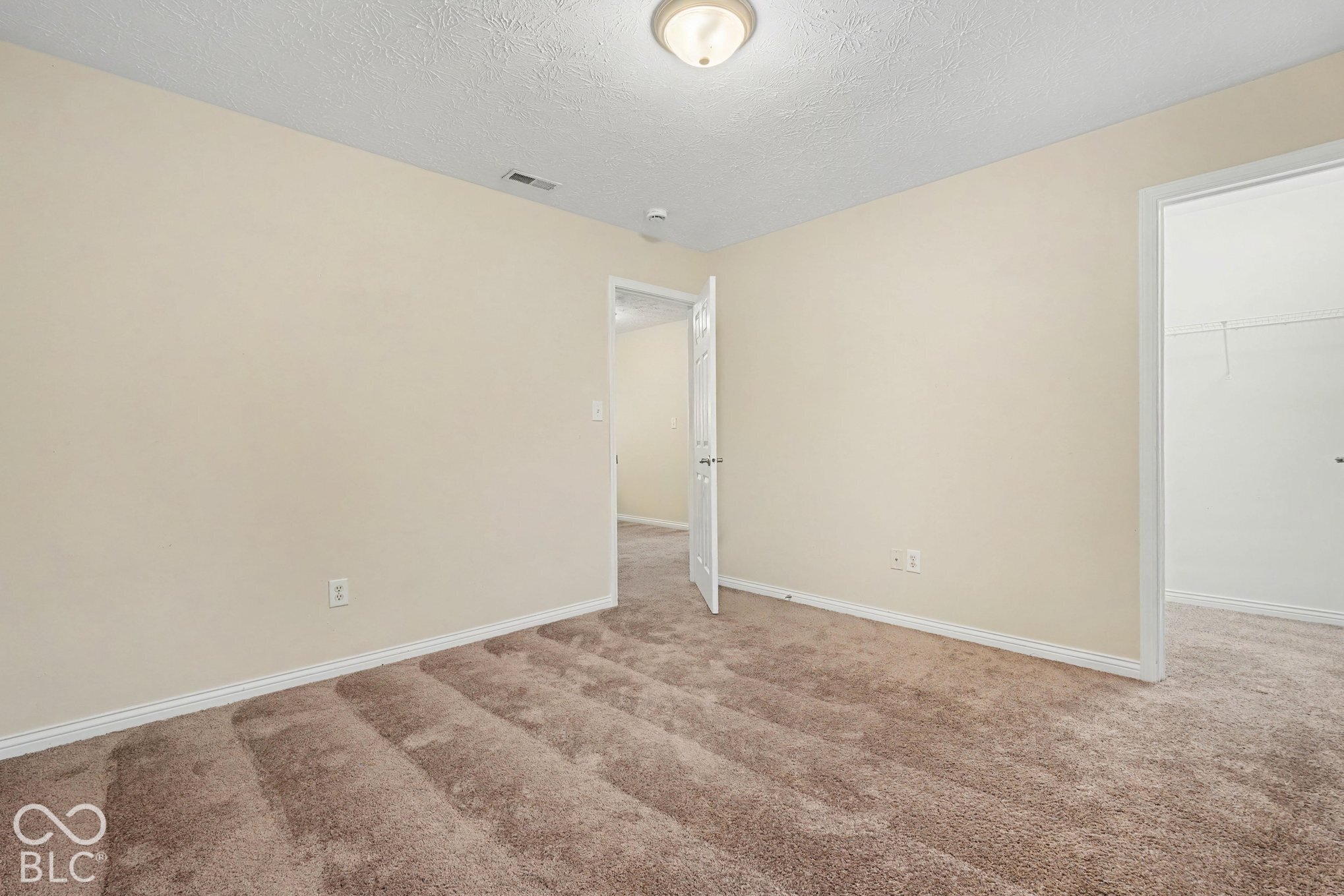 Neutral-toned walls, wall-to-wall carpeting, flush-mount ceiling lighting, and six-panel interior doors
