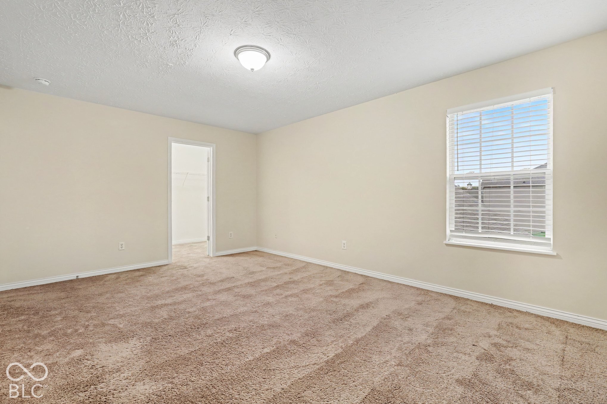 Neutral interior room featuring wall-to-wall carpeting, a single-window configuration with horizontal blinds, and a built-in walk-in closet