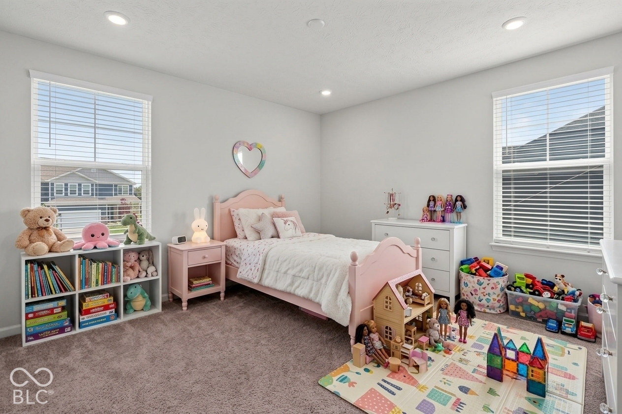 Virtually Altered - Bedroom featuring neutral-toned carpeting, two dual-pane windows with horizontal blinds, and recessed lighting