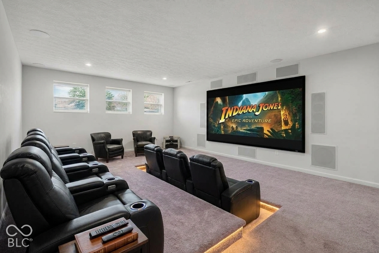 Virtually Altered - Media room featuring tiered carpeted flooring, built-in wall speakers, integrated accent lighting, and recessed ceiling lighting