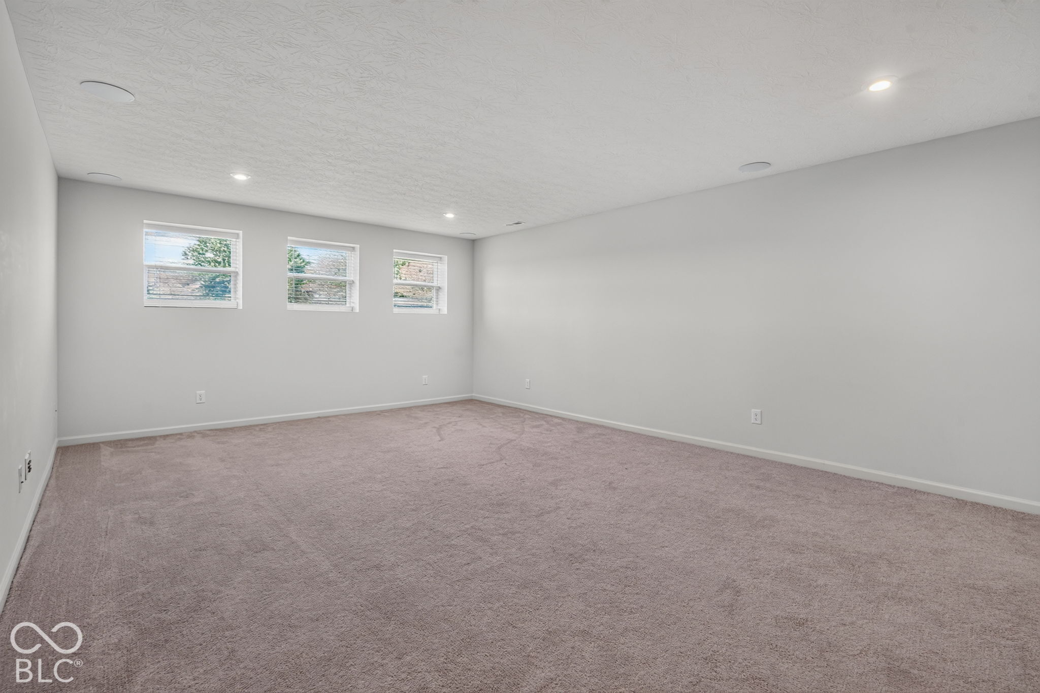 Neutral interior space featuring wall-to-wall carpeting, recessed ceiling lighting, and three rectangular windows