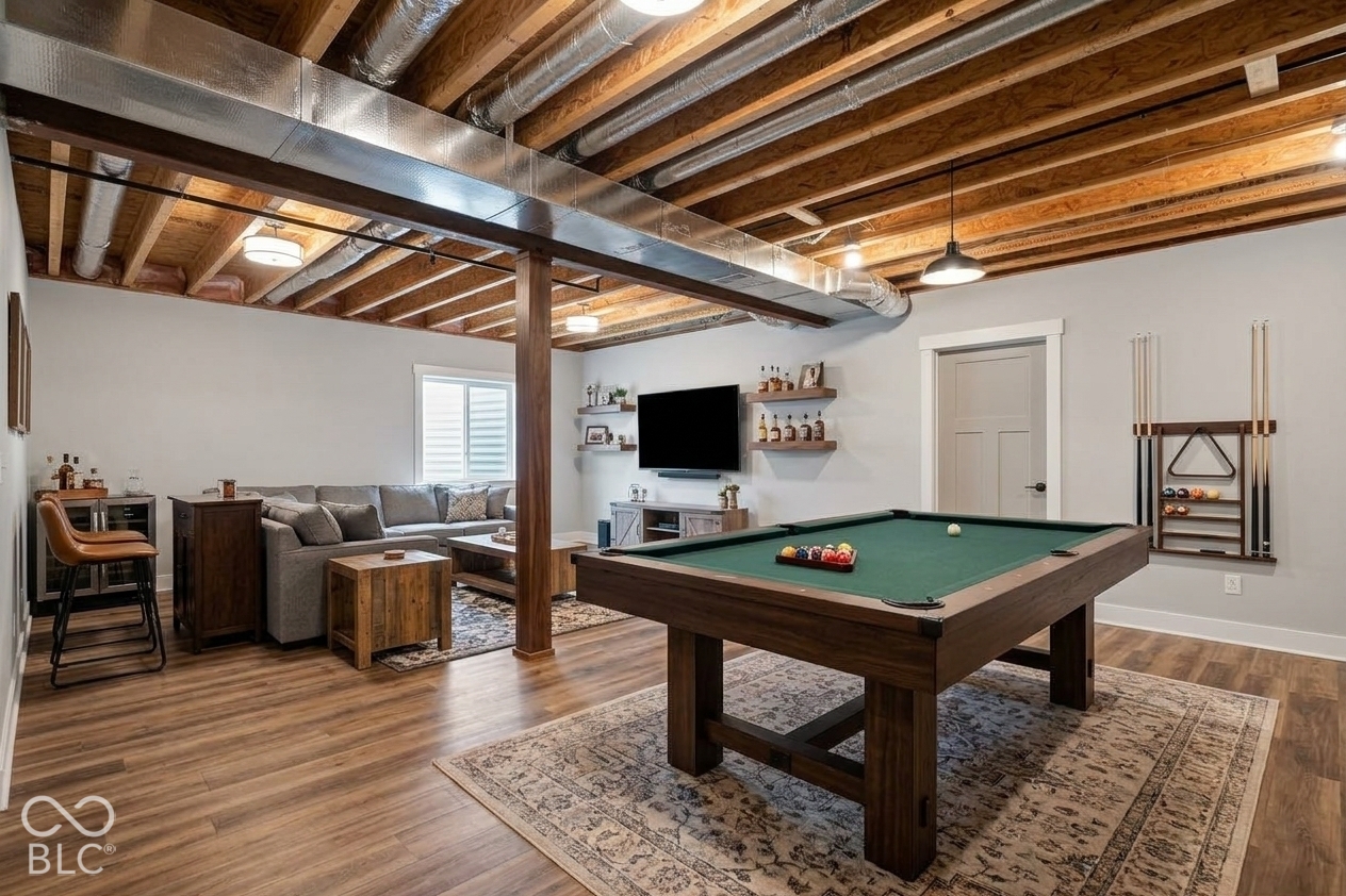 Virtually Altered - Exposed joist ceiling with industrial-style ductwork, wood-finish flooring, central support column, and wall-mounted shelving