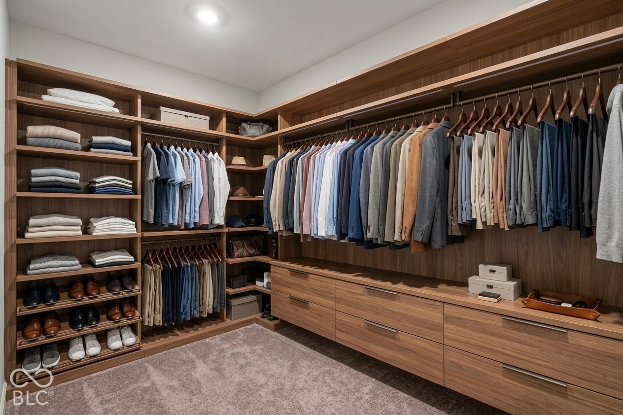 Virtually Altered - Custom wood-finish cabinetry featuring extensive hanging rods, open shelving, and integrated deep-storage drawers with sleek hardware