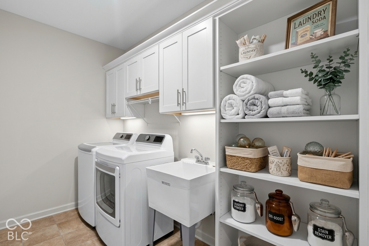 Virtually Altered - Laundry area featuring white cabinetry, a deep utility sink with a metal faucet, and open shelving
