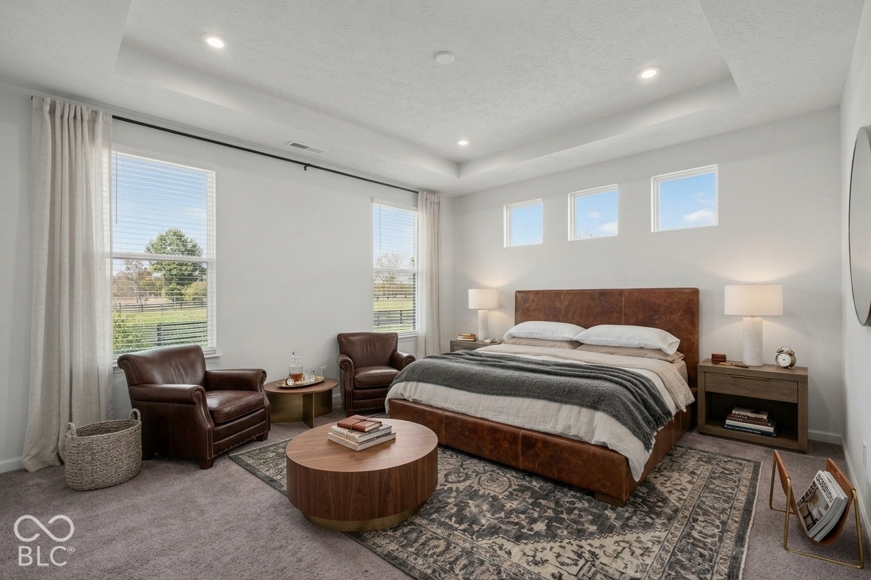 Virtually Altered - Tray ceiling featuring recessed lighting and three transom windows