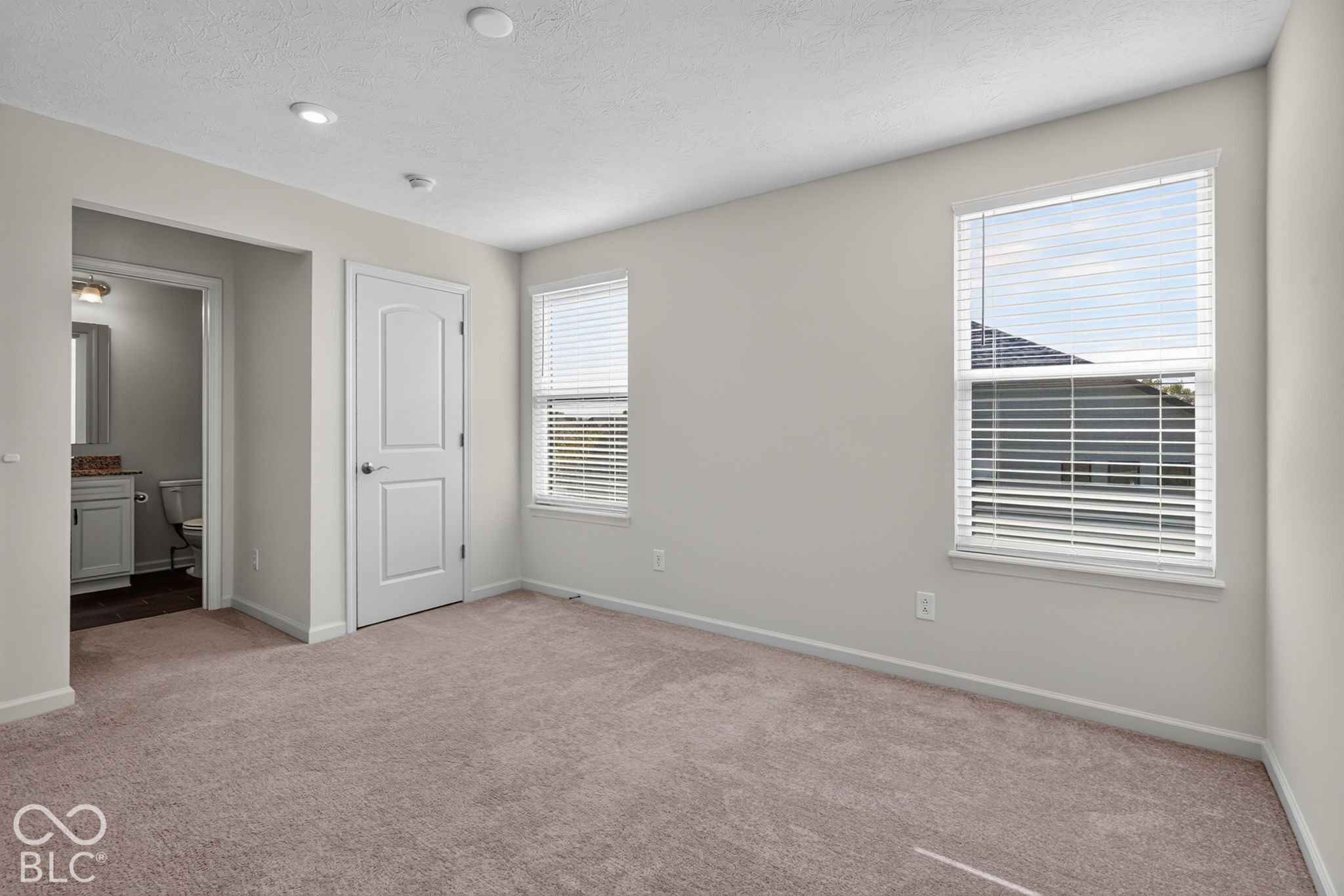 Neutral-toned interior featuring wall-to-wall carpeting, recessed ceiling lighting, two windows with horizontal blinds, and a paneled interior door