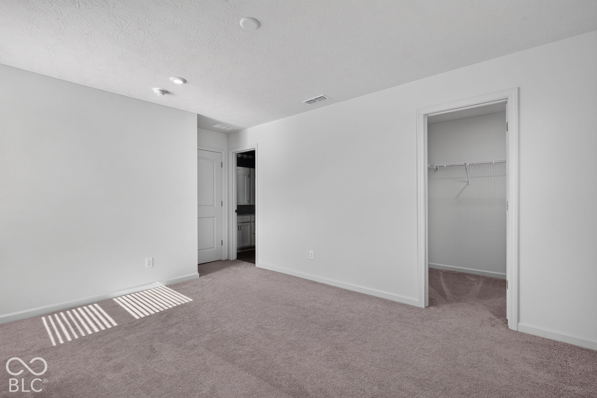 Neutral-toned carpeting, crisp white walls, interior doorway with a solid-panel door, and a reach-in closet featuring wire shelving