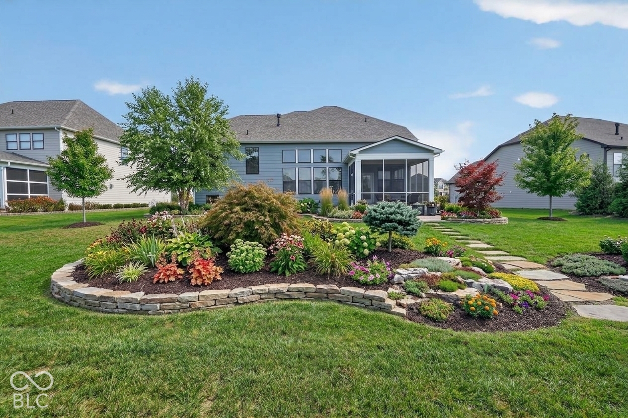 Virtually Altered - Rear exterior featuring a screened-in porch, multi-level flagstone landscape curbing, expansive lawn, natural stone paver pathway, and assorted mature perennial plantings