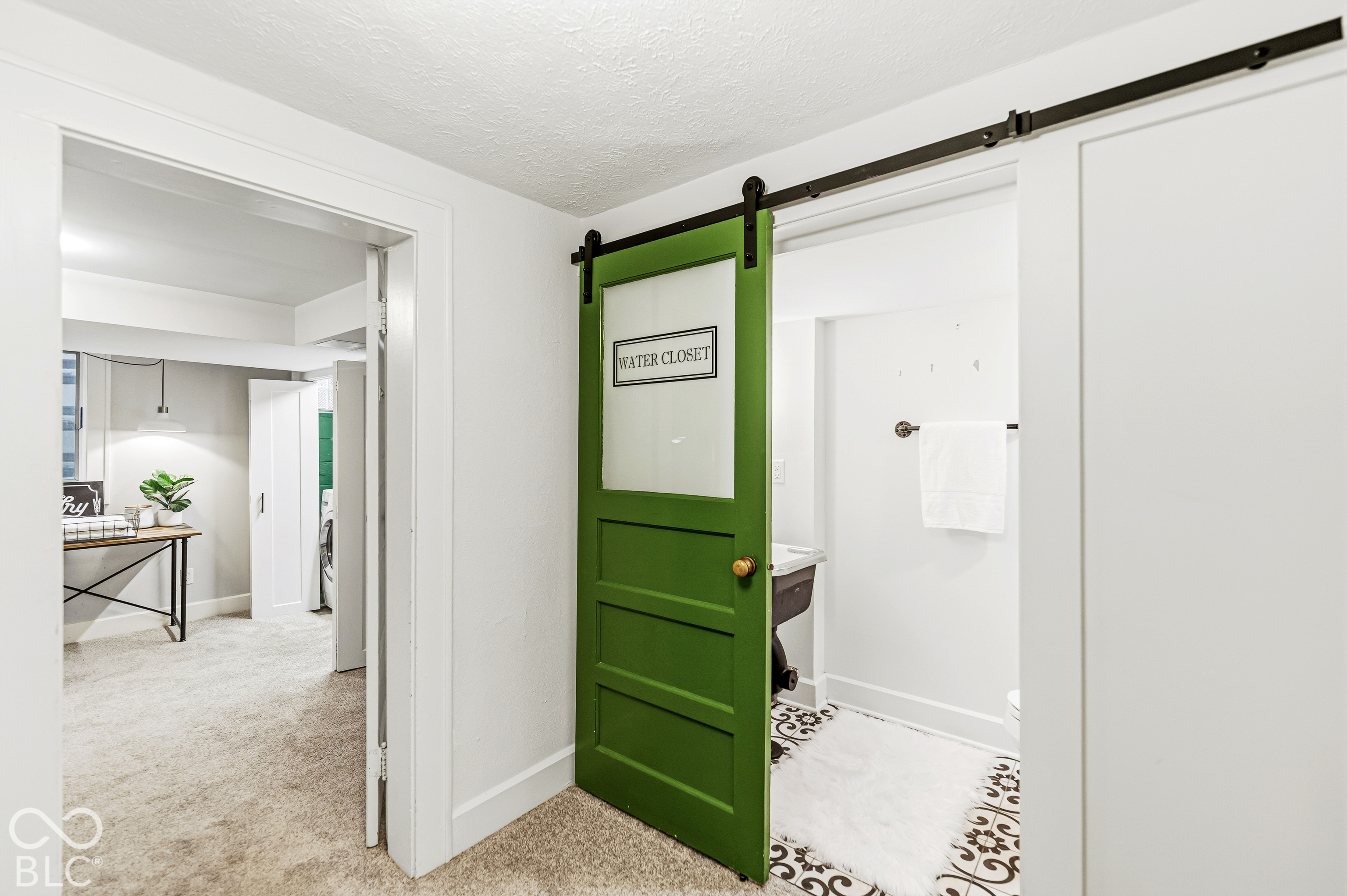 Green sliding barn door with a frosted glass panel and black metal hardware, patterned floor tile, and wall-mounted metal towel hardware