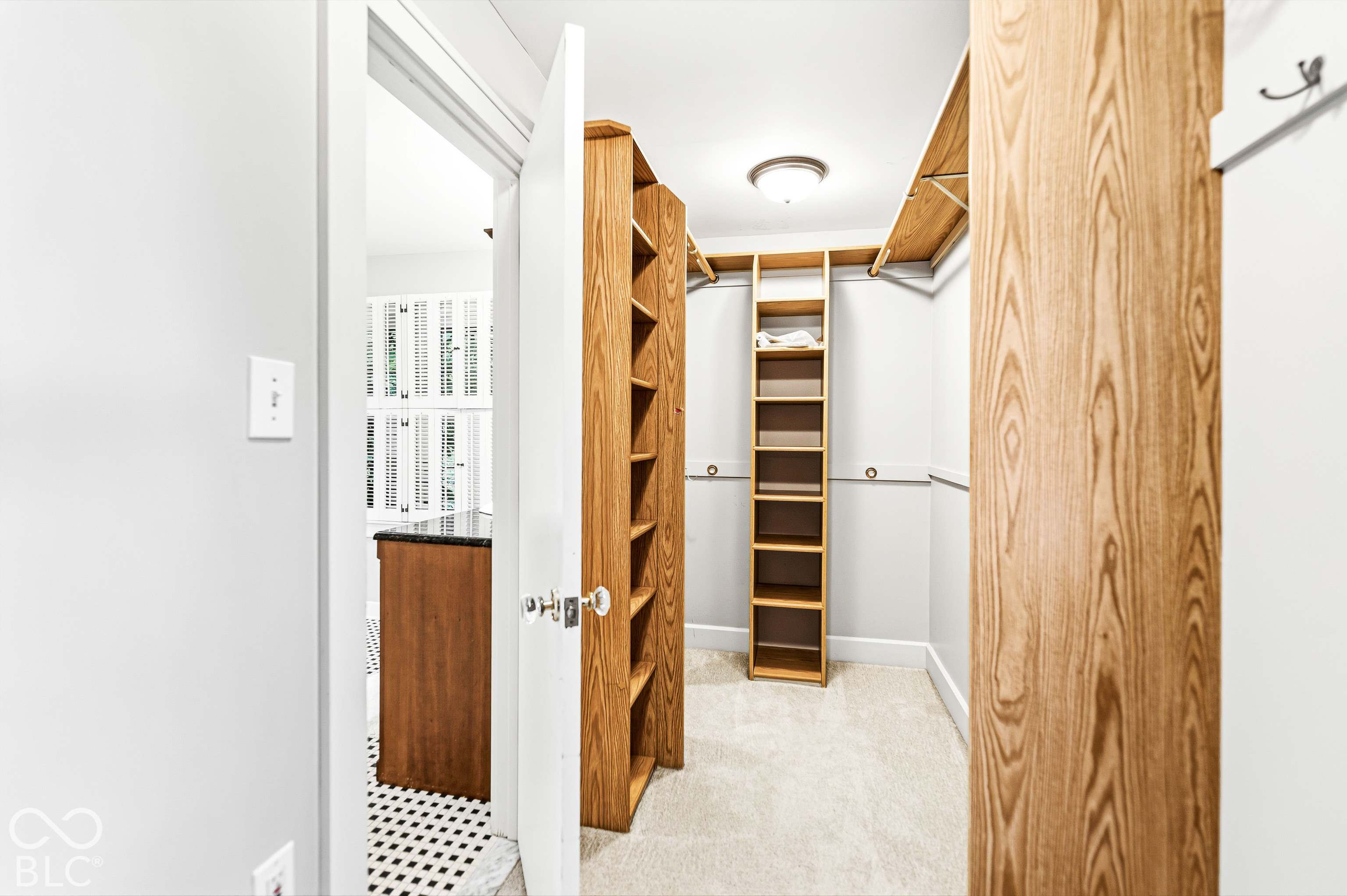 Walk-in storage featuring custom wood shelving units, overhead lighting, and neutral carpeting