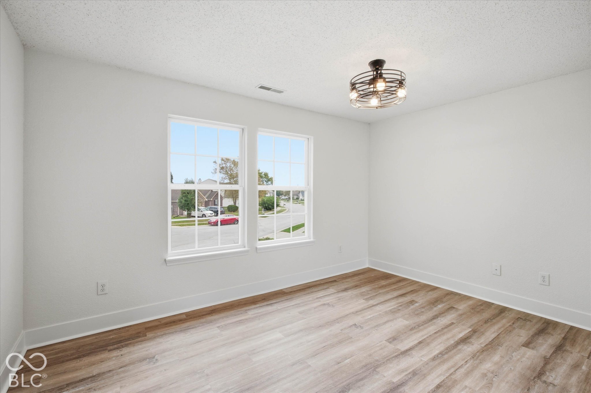 Room featuring wood-finish flooring, dual windows with muntins, and a geometric metal cage semi-flush mount light fixture