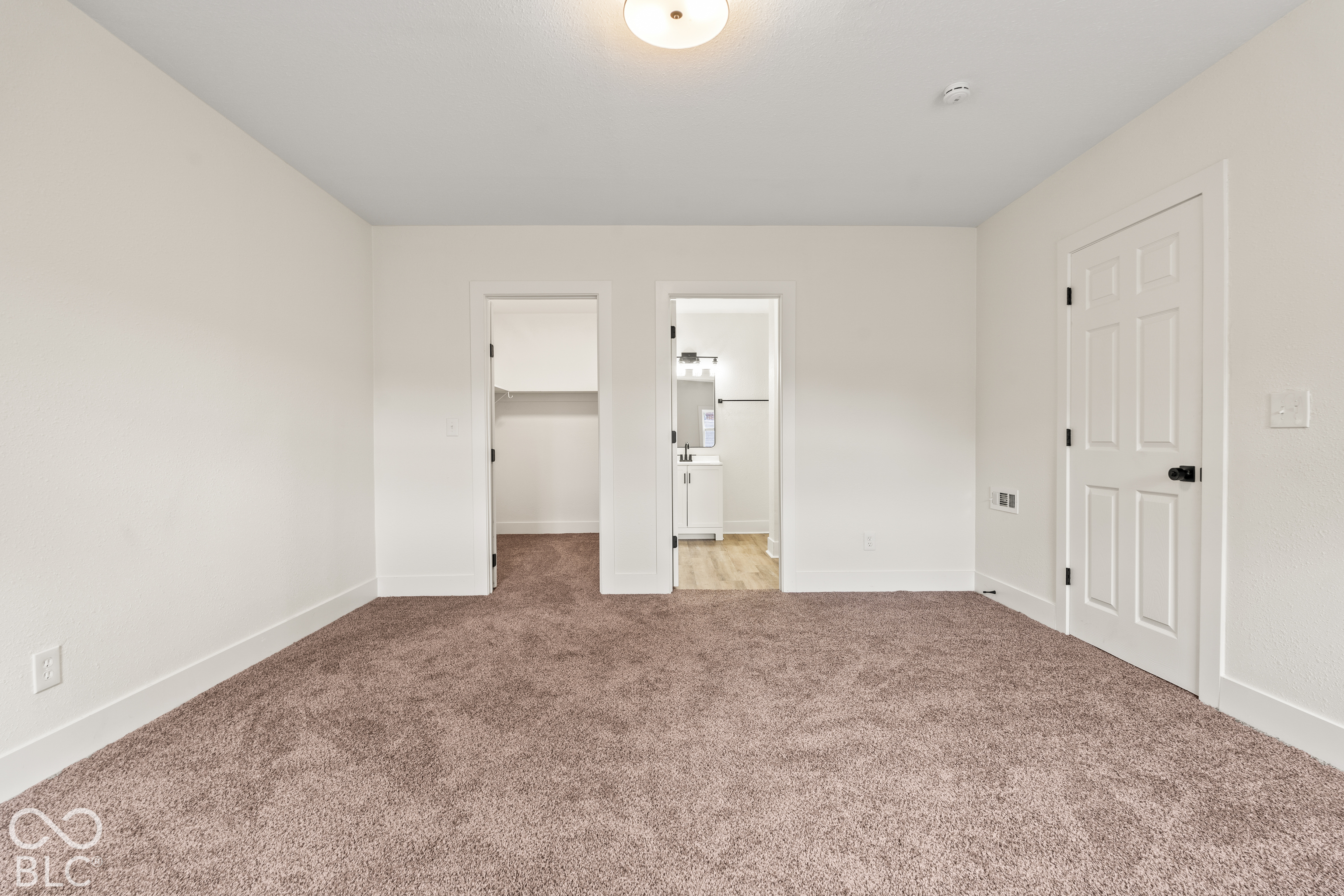 Neutral-toned carpeting, flush-mount ceiling lighting, and six-panel interior doors