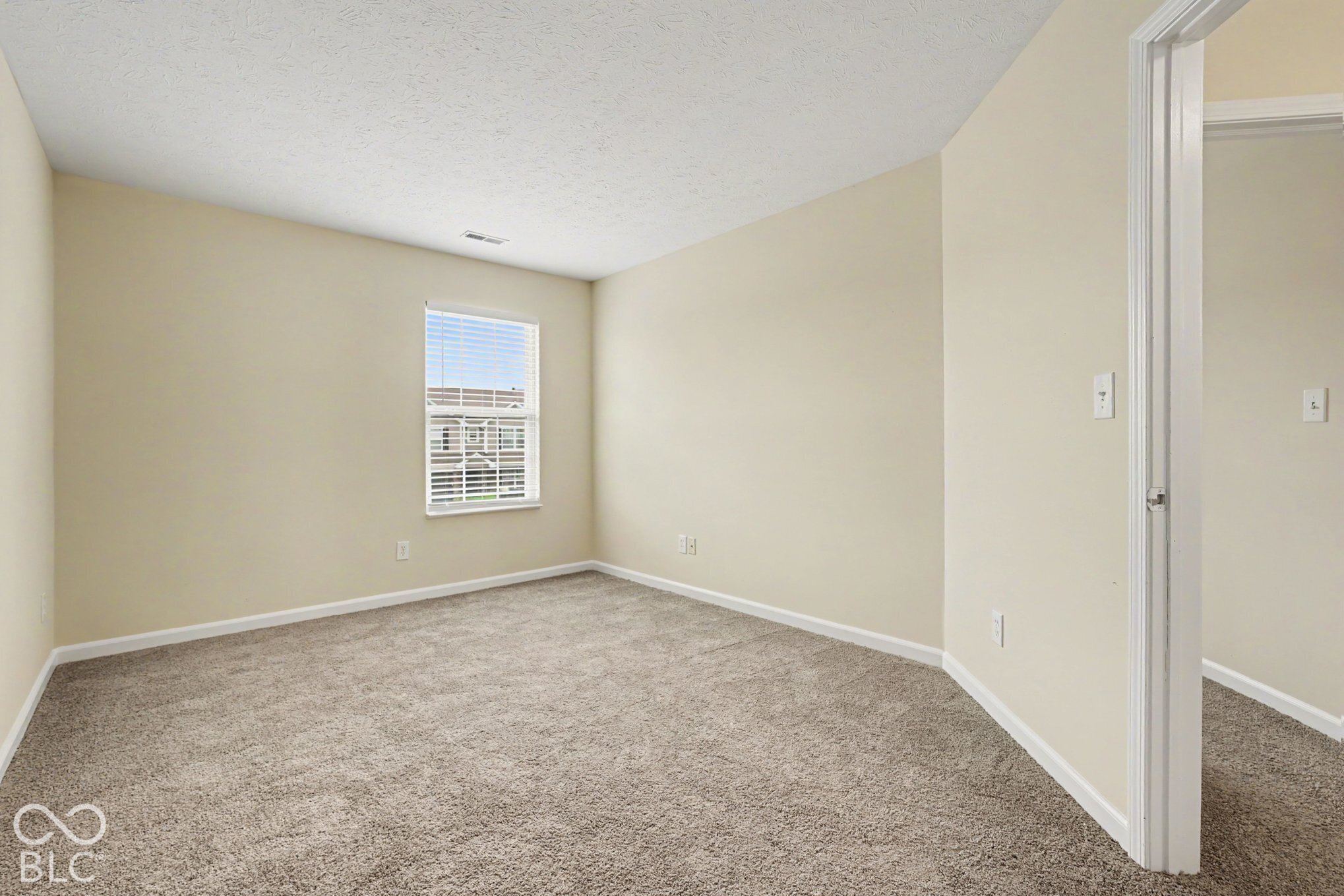 Room featuring neutral-toned carpeting, off-white wall finishes, and a single-pane window with interior blinds