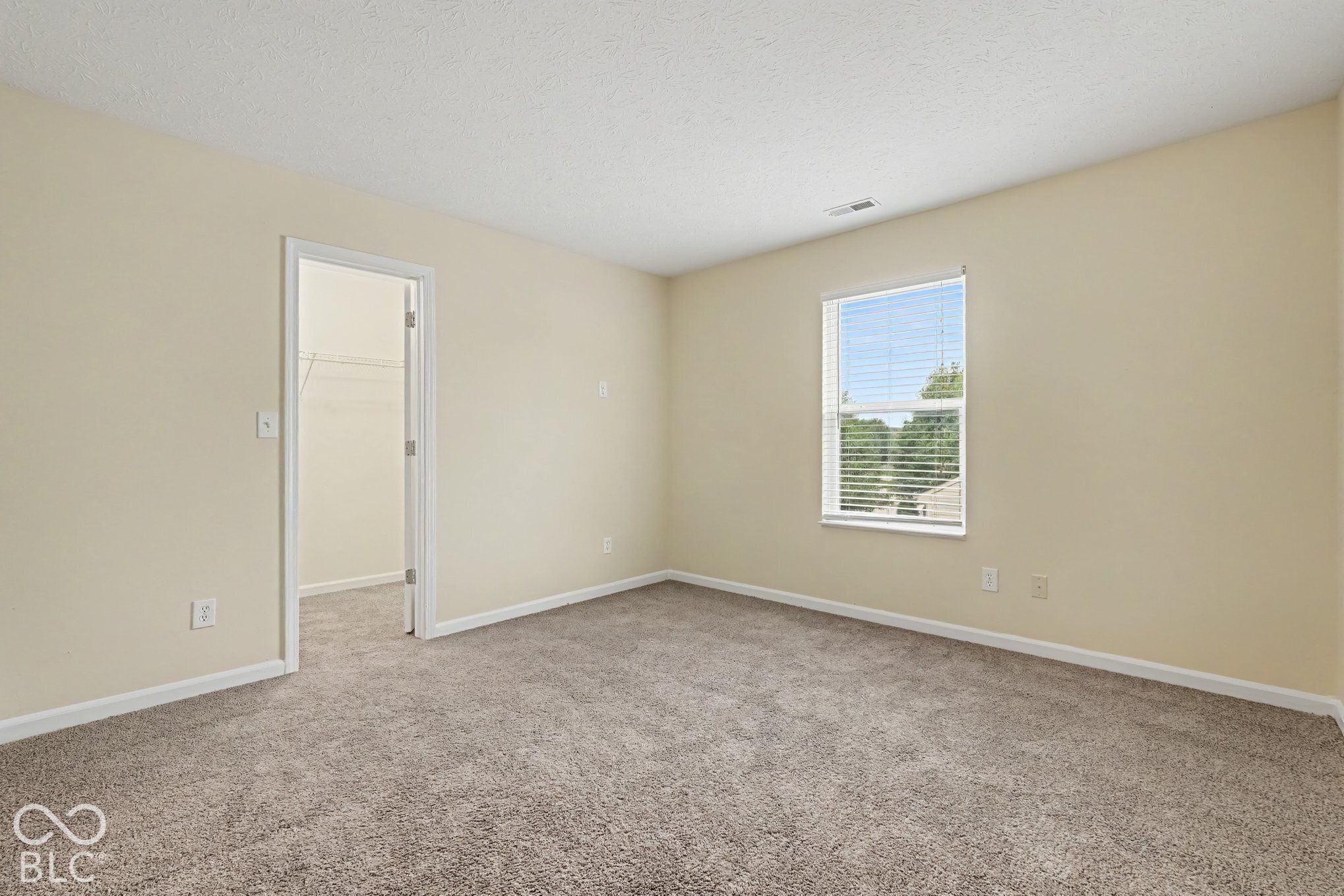 Neutral-toned interior room featuring wall-to-wall carpeting, a single window with horizontal blinds, and a built-in closet with wire shelving