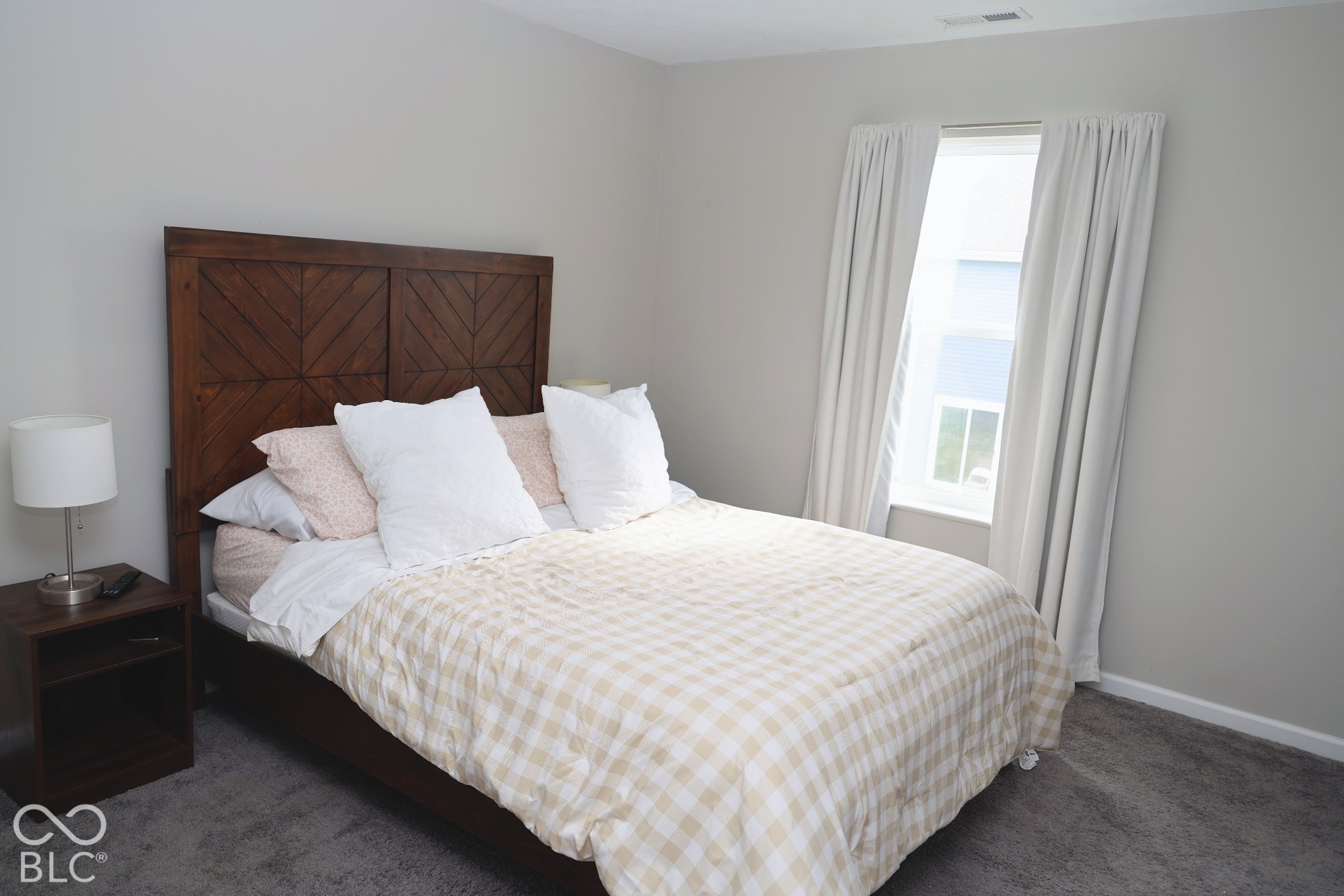 Neutral interior paint, plush carpeting, and a window with natural light