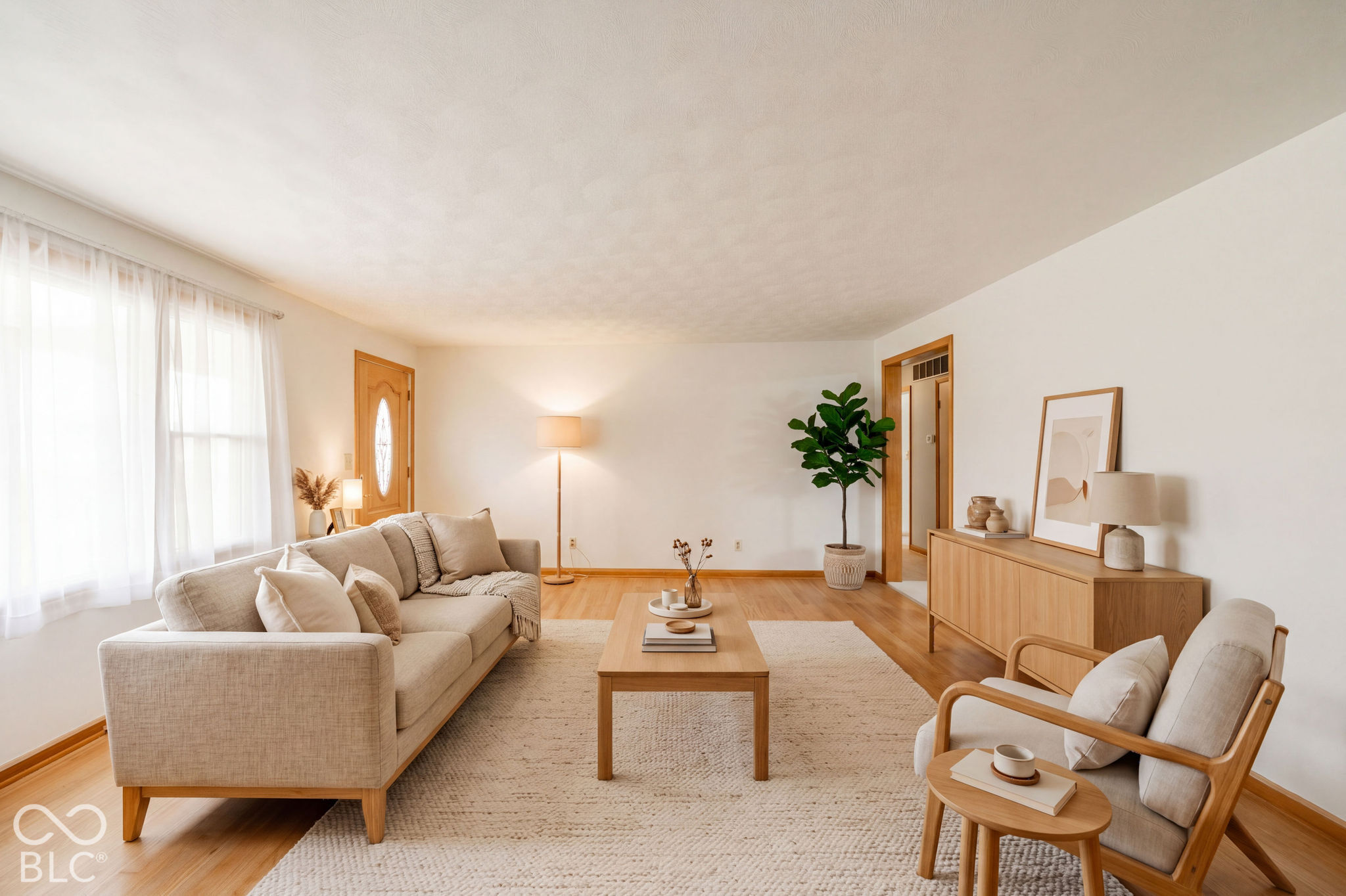 Virtually Altered - Living area featuring wood-finish flooring, a large window, and an oval-pane wood entry door. Virtually Staged Virtually Altered - Living area featuring wood-finish flooring, a large window, and an oval-pane wood entry door. Virtually Staged