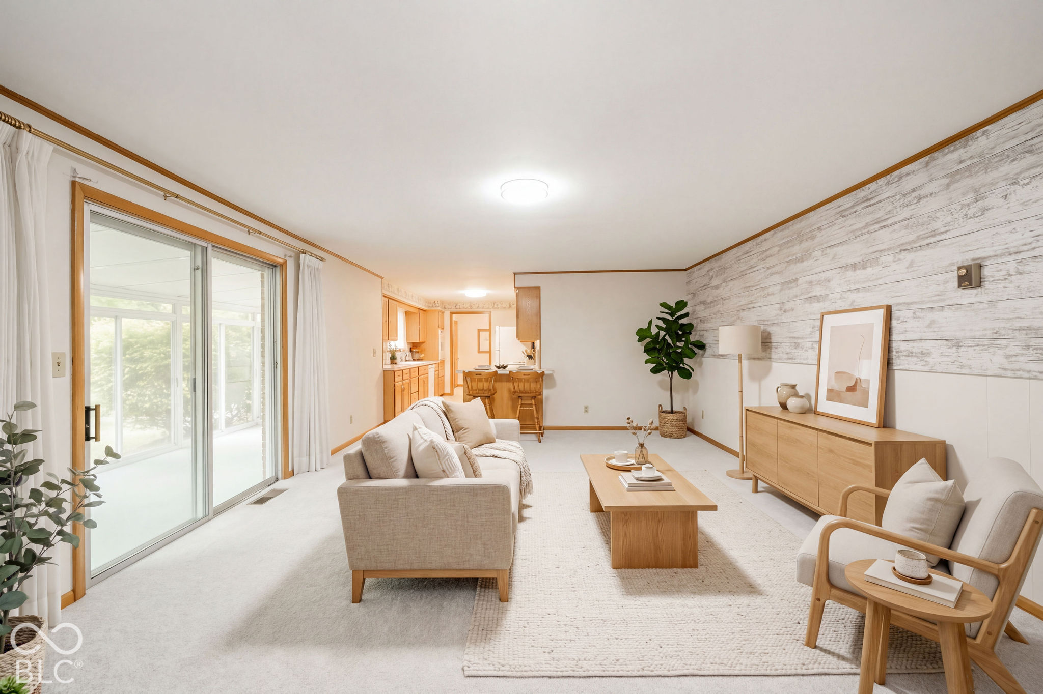 Virtually Altered - Living space featuring sliding glass doors, white-washed wood-finish wall paneling, flush-mount ceiling lighting, and wall-to-wall carpeting. Virtually Staged. Virtually Altered - Living space featuring sliding glass doors, white-washed wood-finish wall paneling, flush-mount ceiling lighting, and wall-to-wall carpeting. Virtually Staged.