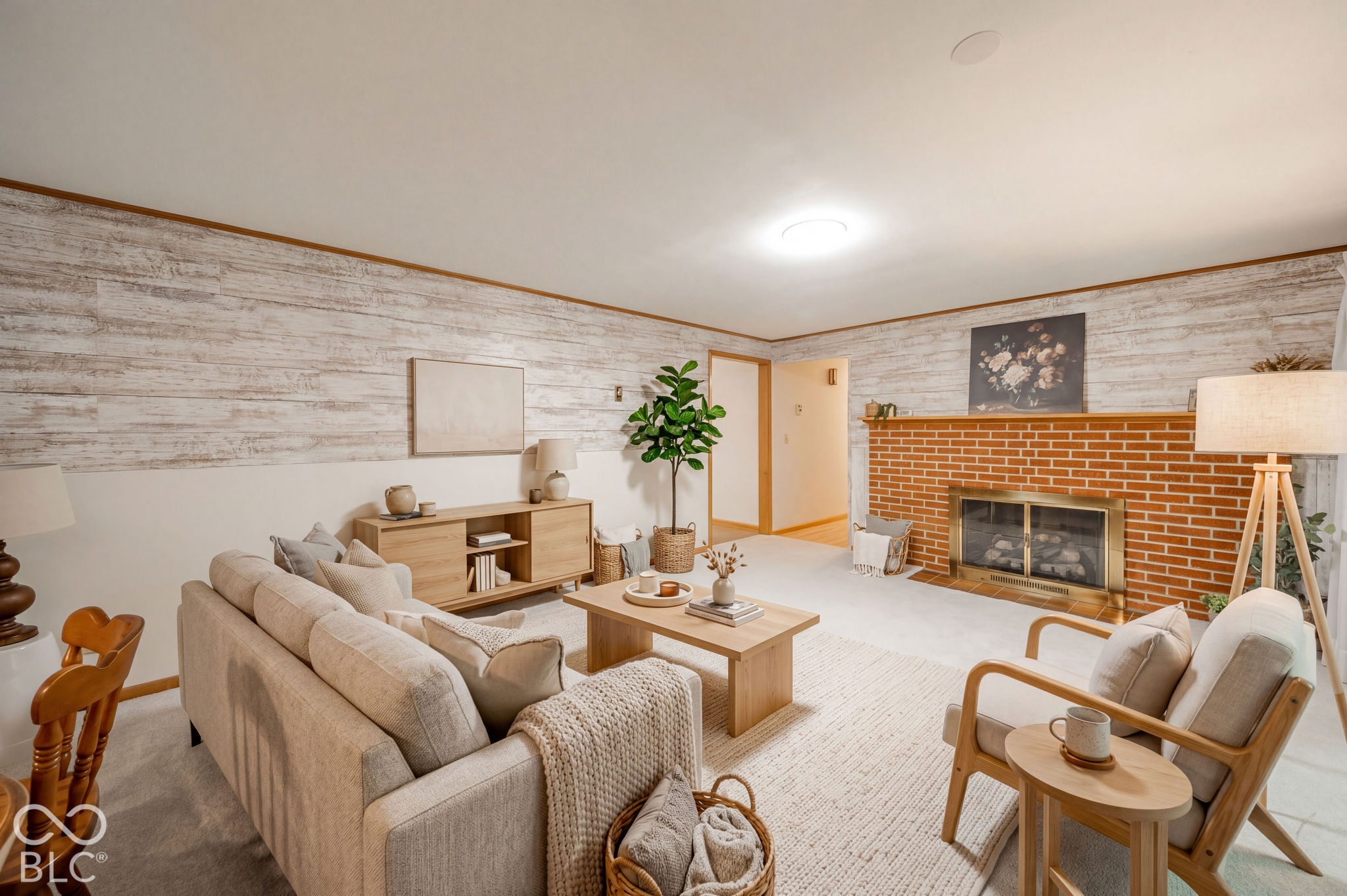 Virtually Altered - Living space featuring a full-height red brick fireplace with a wood mantel and textured whitewashed accent walls. Virtually Staged.