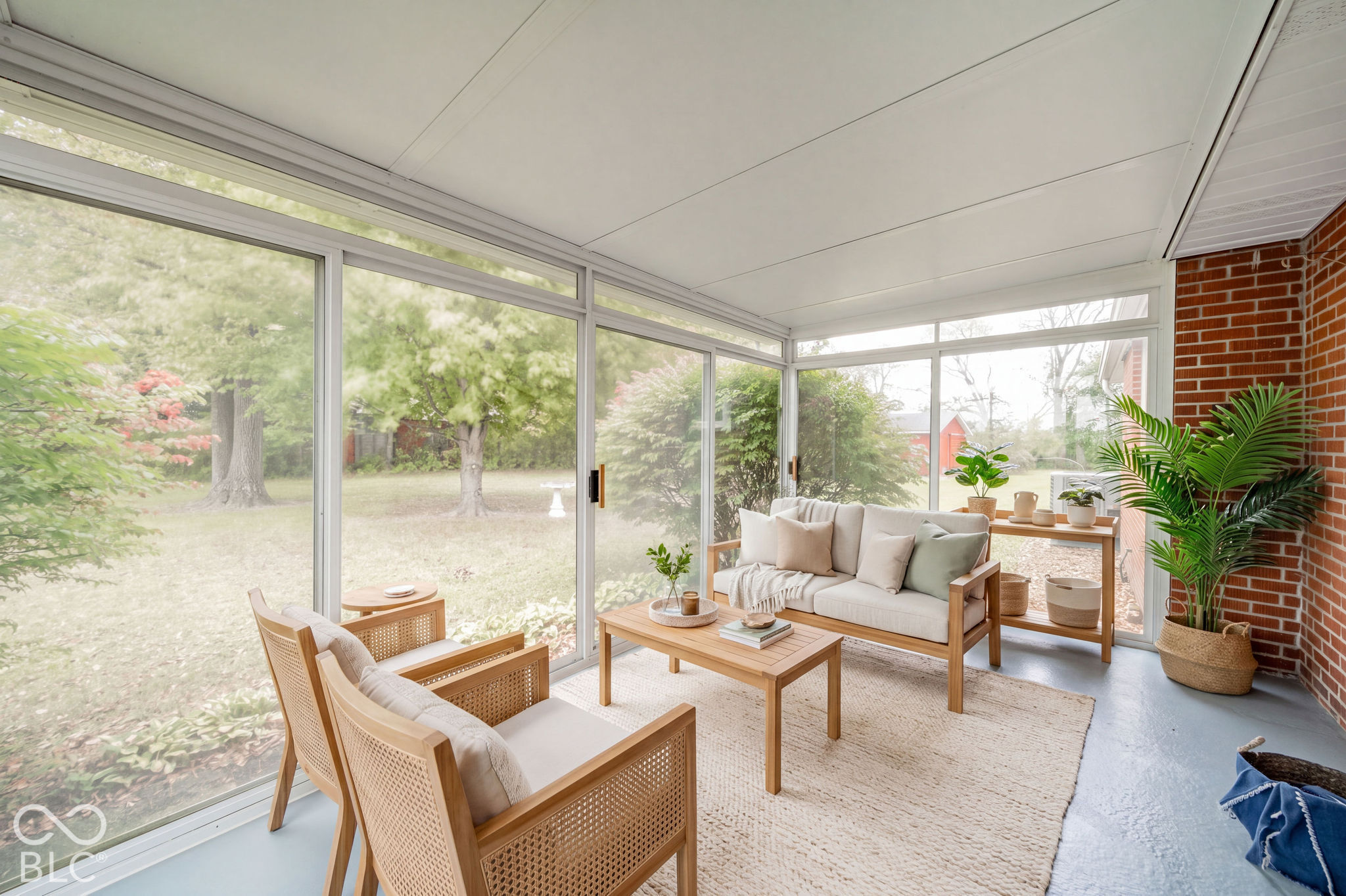 Virtually Altered - Enclosed sunroom featuring floor-to-ceiling glass panel walls, exposed red brick masonry, a neutral-toned ceiling, and a painted concrete floor. Virtually Staged.