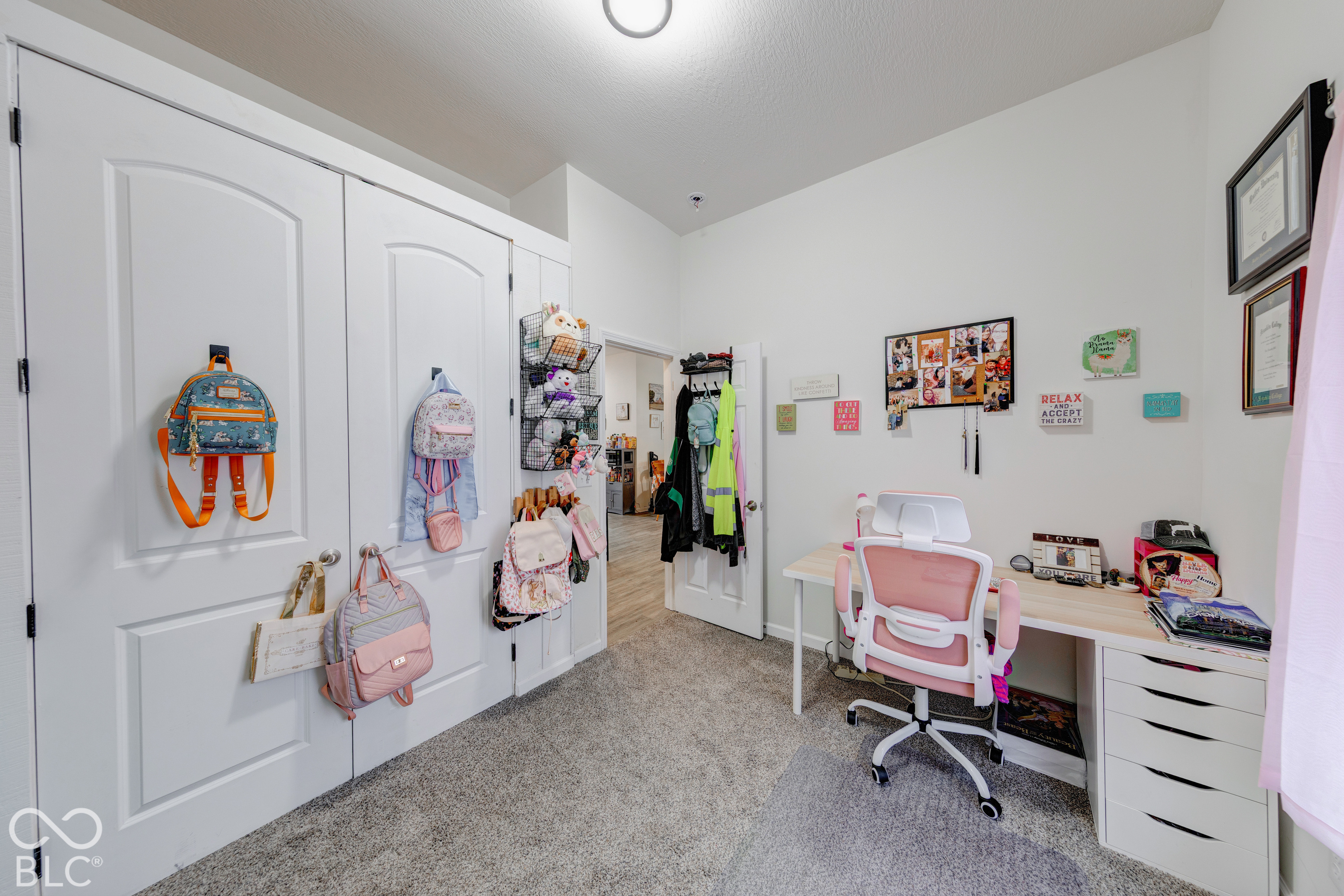 Room featuring carpeted flooring, white two-panel closet doors with brushed nickel hardware, and a single-bulb flush-mount ceiling fixture