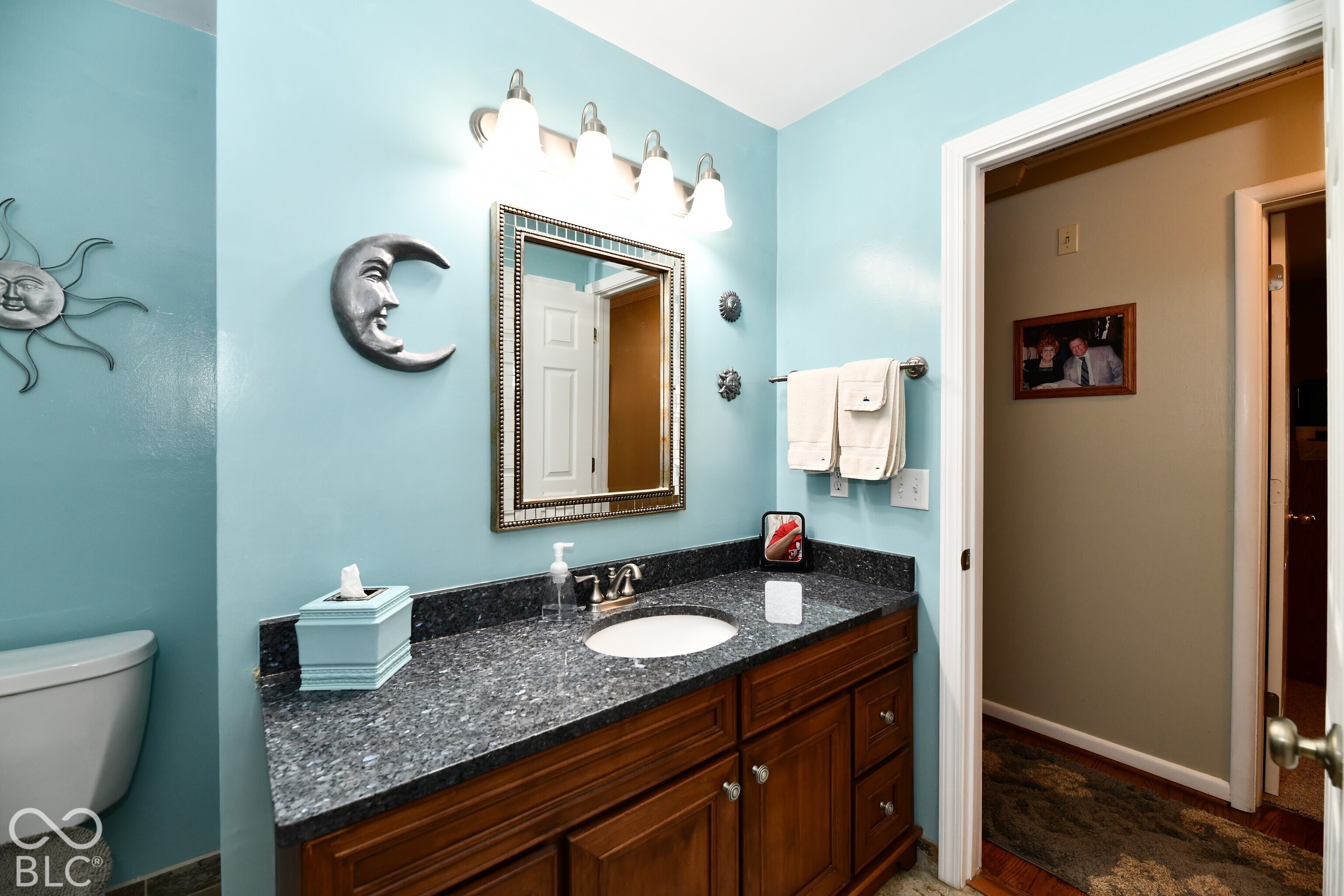 Bathroom vanity featuring a dark stone countertop, an integrated oval sink, traditional wood cabinetry, and a four-light fixture