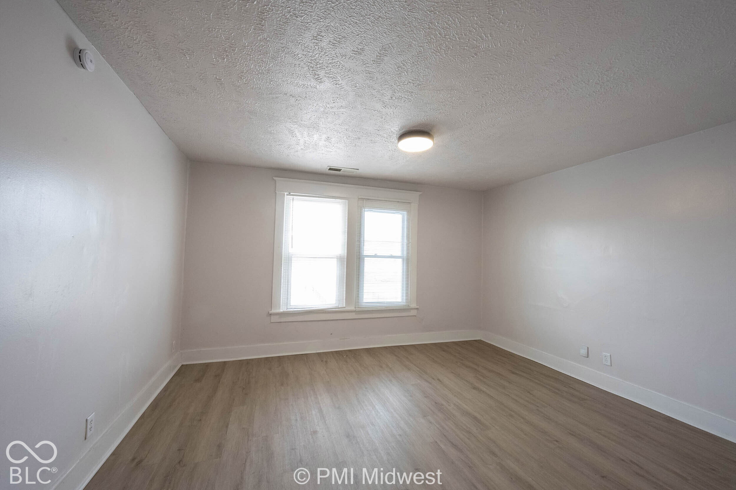 Interior room featuring neutral-toned walls, wood-finish flooring, dual-pane windows with white trim, and a ceiling-mounted flush light fixture