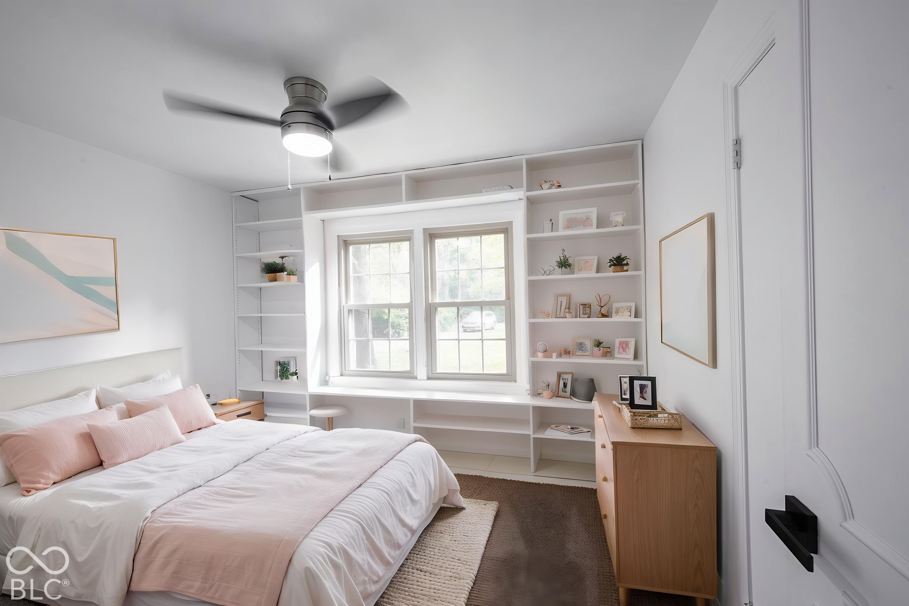 Built-in floor-to-ceiling white shelving, double-hung windows with a deep ledge, and a ceiling fan with integrated lighting