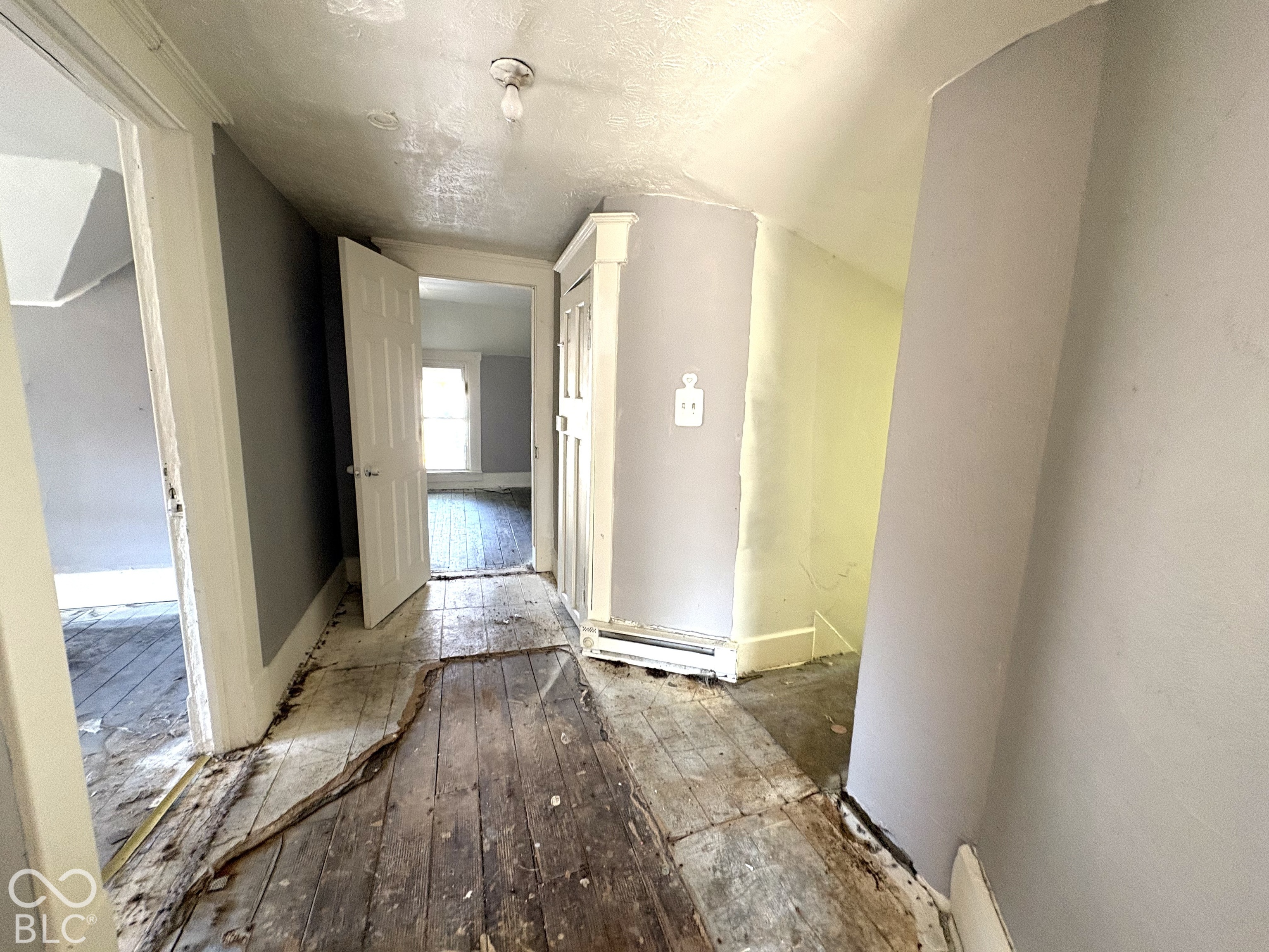 Interior hallway featuring exposed wood flooring, built-in cabinetry, and white paneled doors