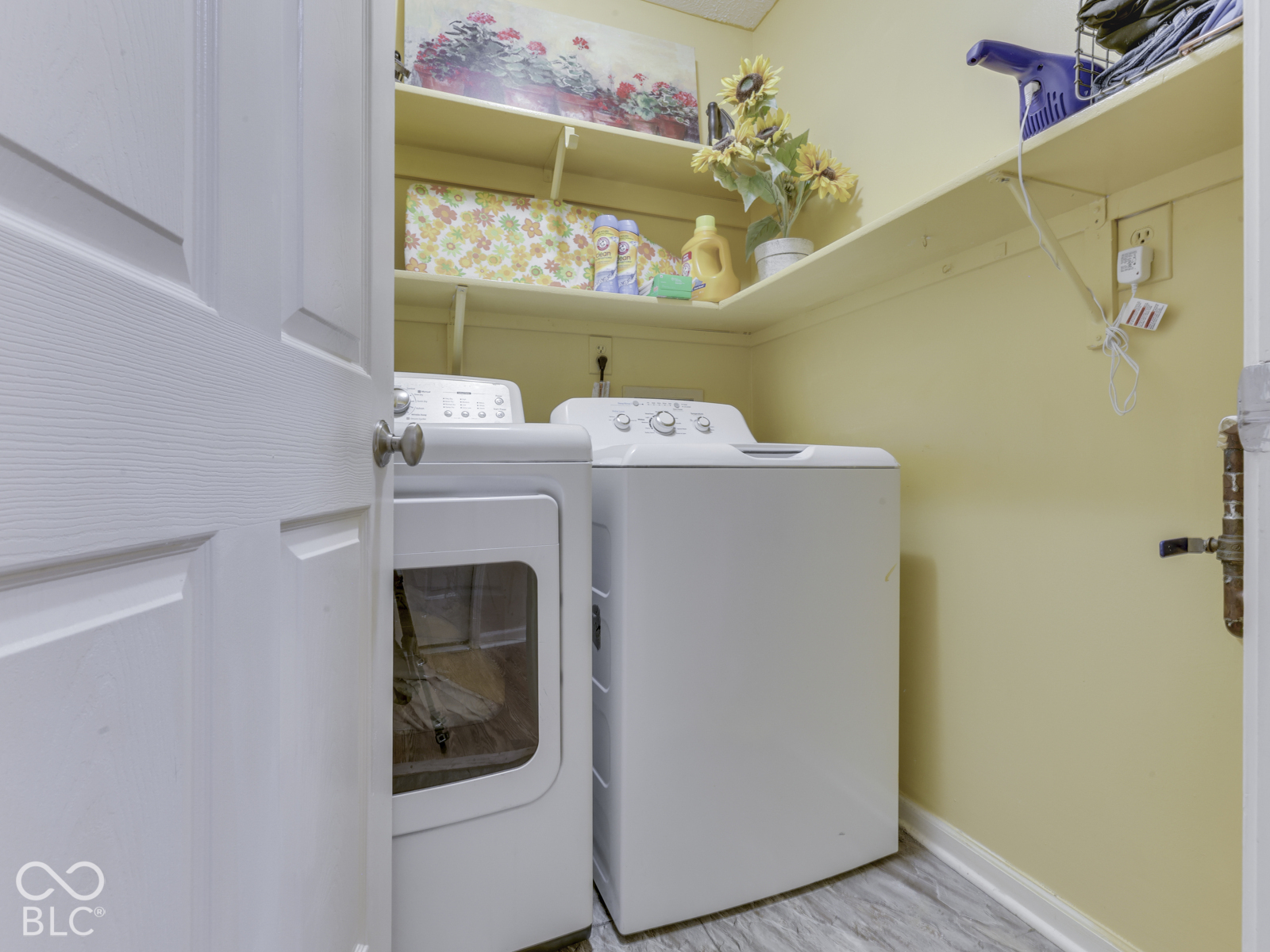 Laundry area featuring built-in shelving, wood-finish flooring, and a solid-core panel door
