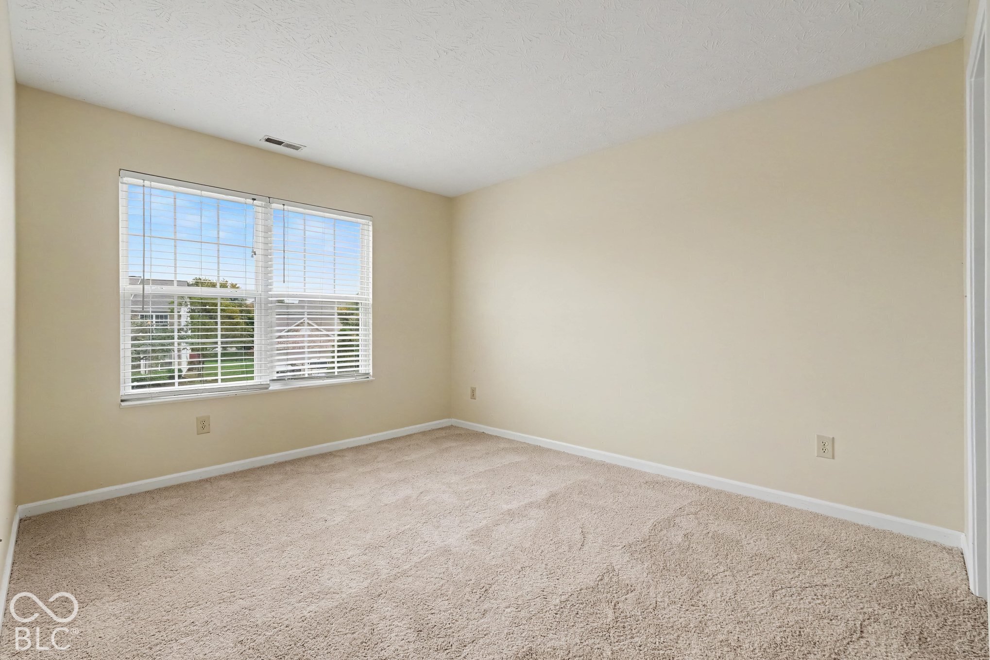Room featuring neutral-toned carpeting, textured ceiling, and a large window with horizontal blinds