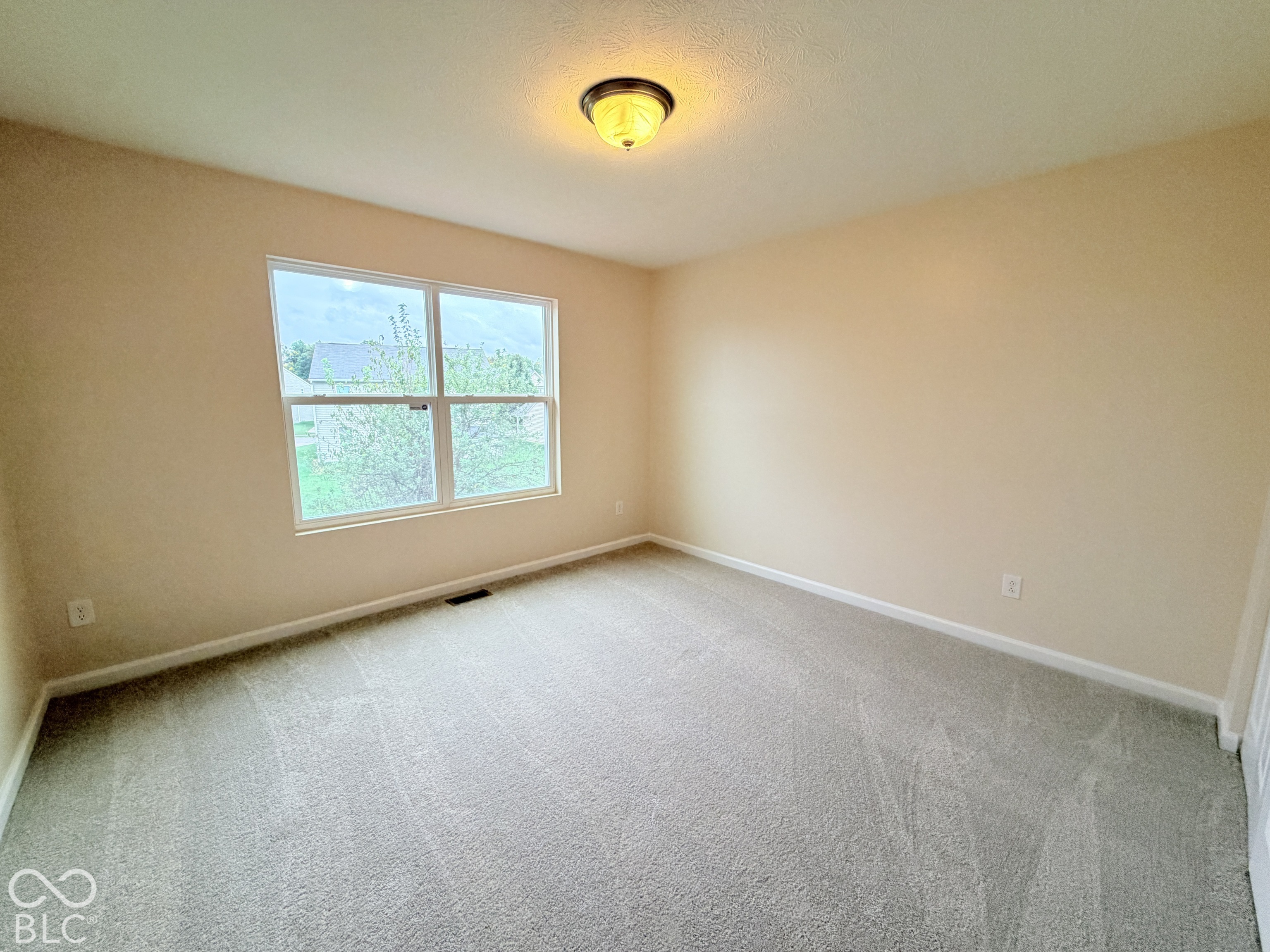 Neutral wall paint, plush carpeting, double-pane window, and flush-mount ceiling lighting