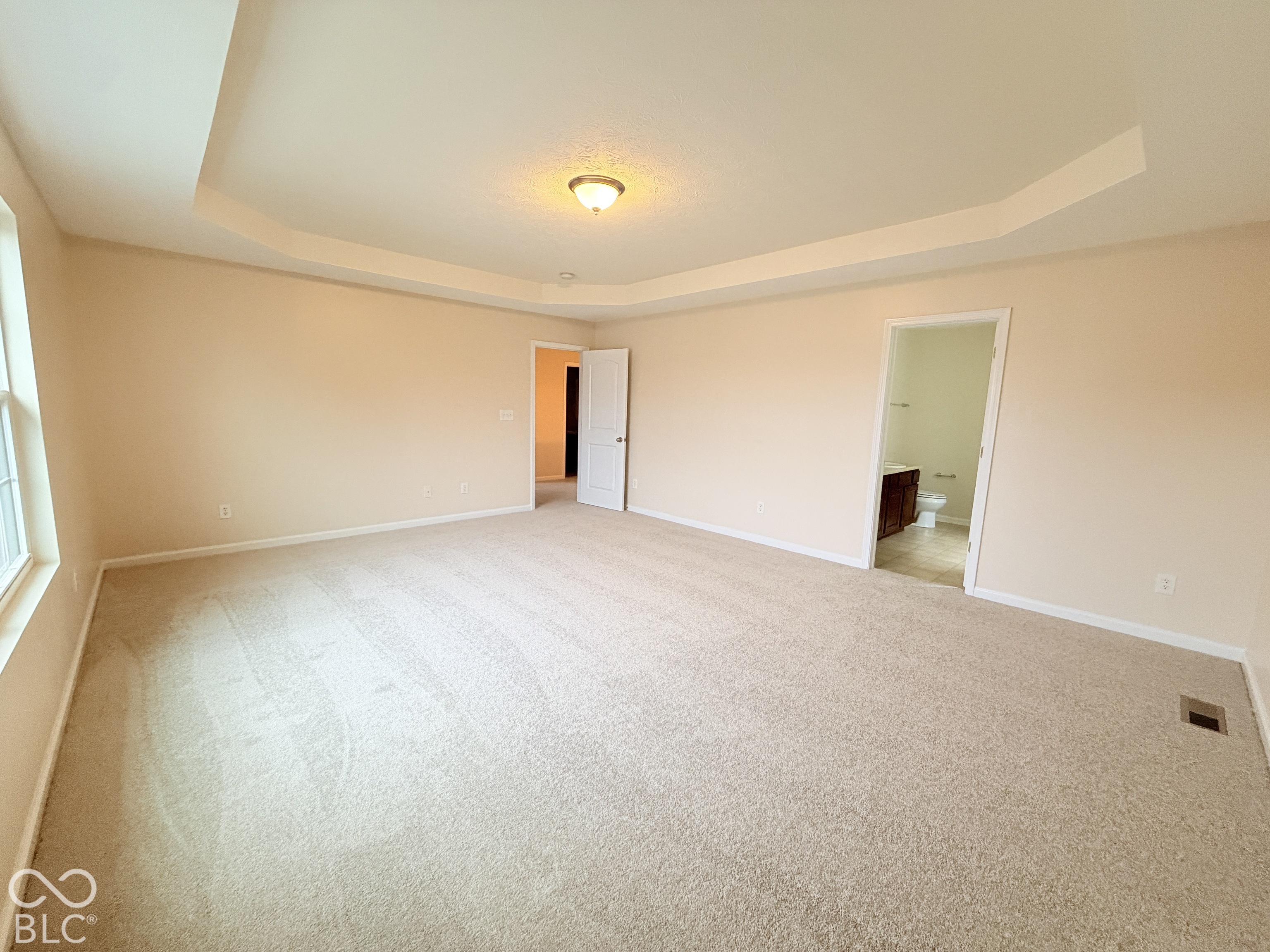 Tray ceiling with central light fixture and neutral wall-to-wall carpeting