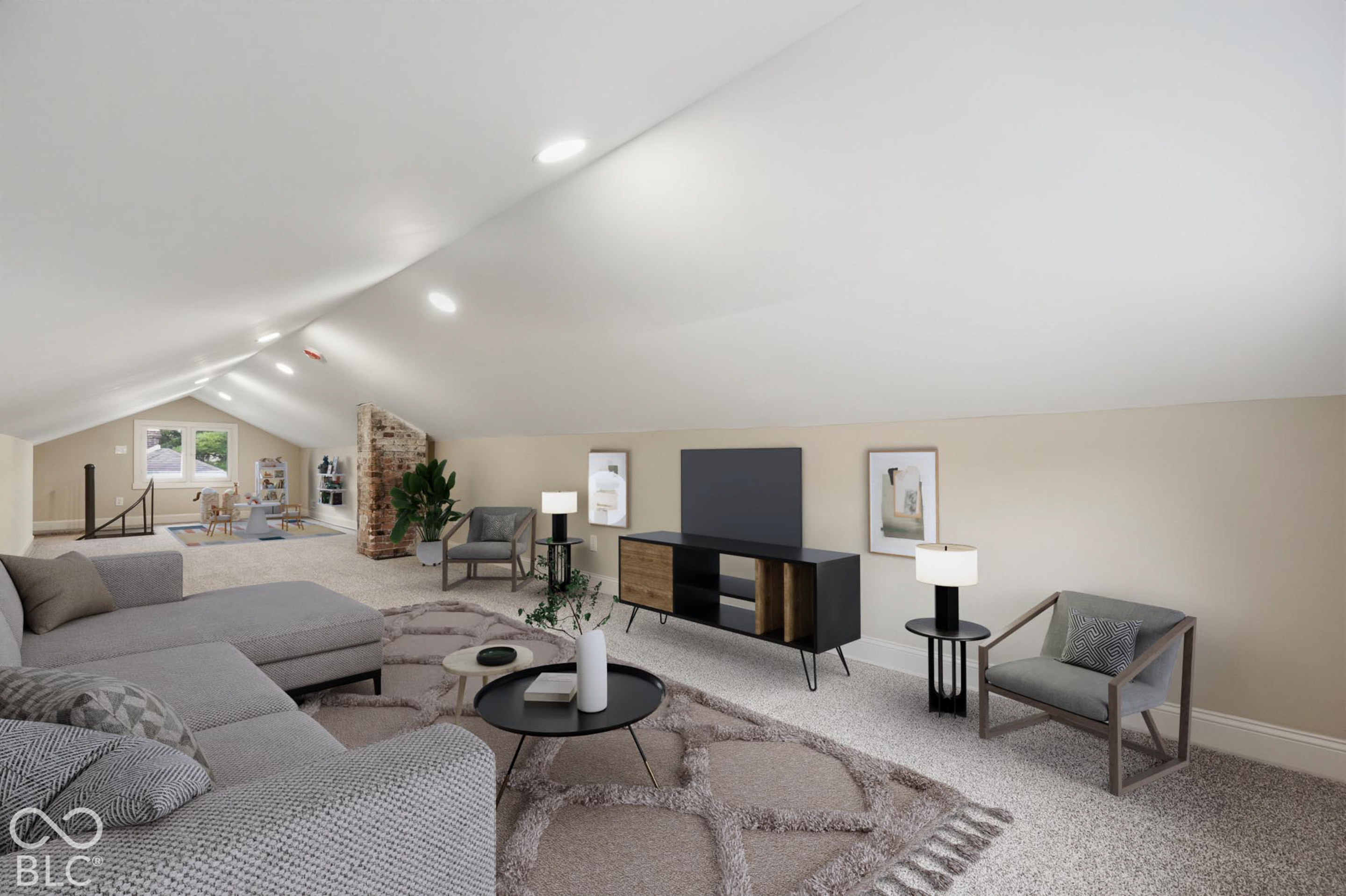 Vaulted ceiling featuring recessed lighting, exposed brick chimney stack, and neutral carpeting